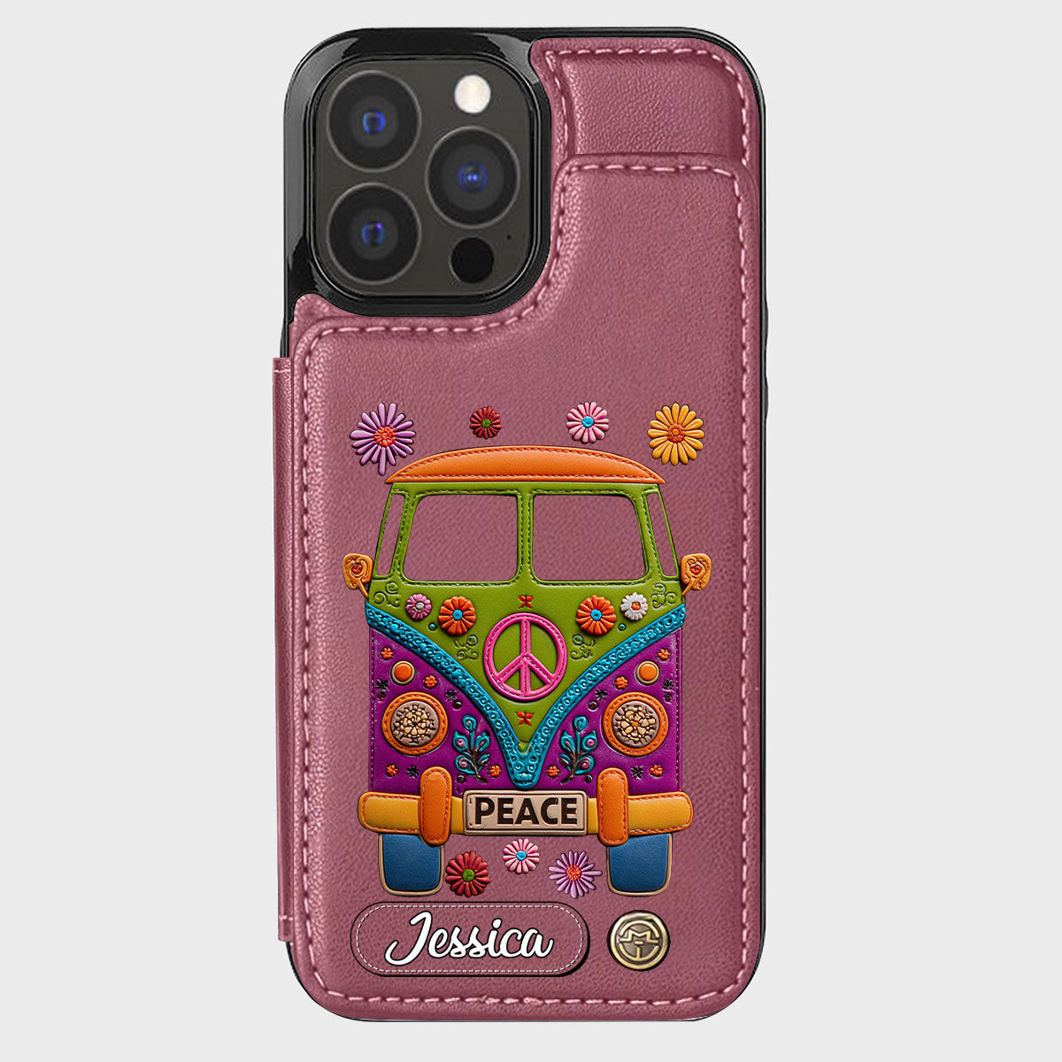 Peace Bus – Personalisierte Hippie-Handyhülle mit Lederanhänger