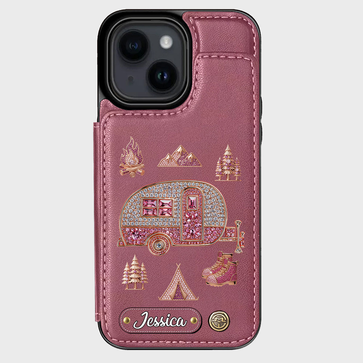 Liebe zum Camping – Personalisierte Handyhülle mit Camping-Geldbörse