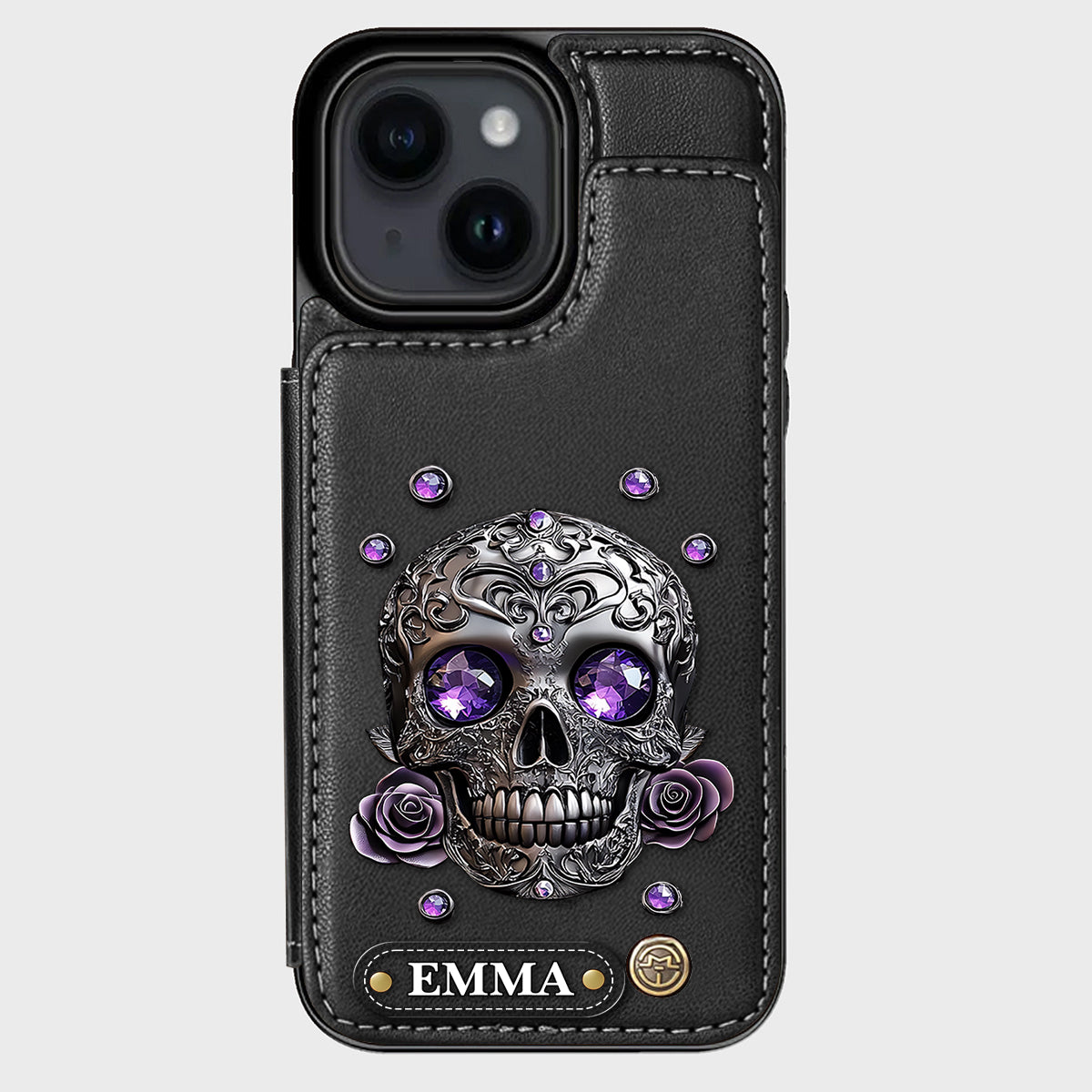 Wunderschöne Totenkopf- und Rosen-Handyhülle mit personalisiertem Totenkopf-Geldbeutel