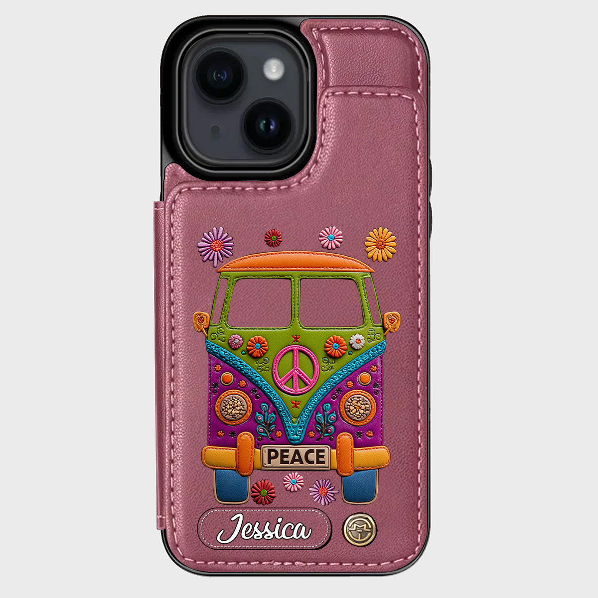 Peace Bus – Personalisierte Hippie-Handyhülle mit Lederanhänger