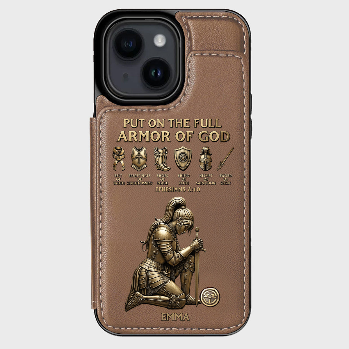 Legt die ganze Rüstung Gottes an – Personalisierte christliche Handyhülle mit Brieftaschenfunktion
