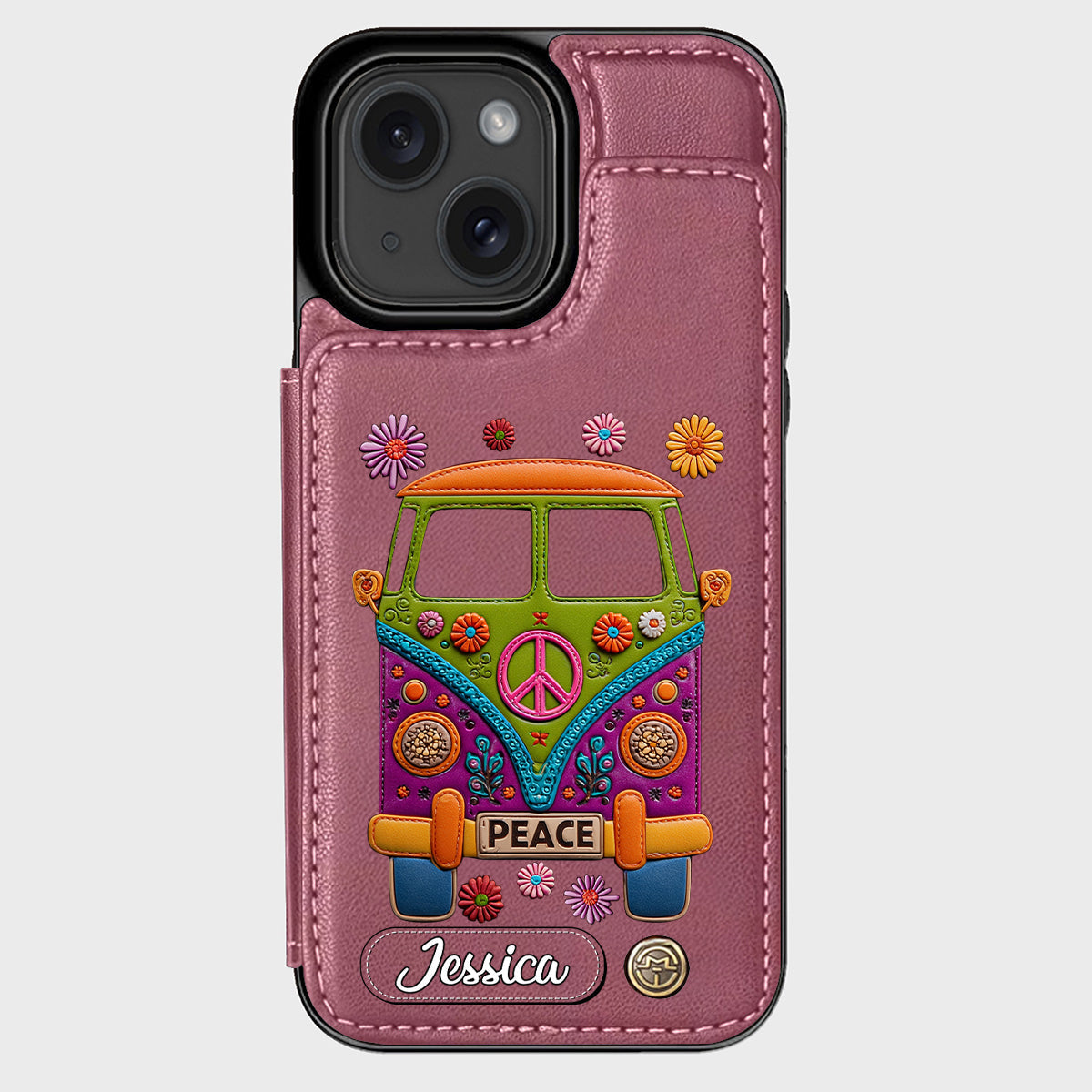 Peace Bus – Personalisierte Hippie-Handyhülle mit Lederanhänger