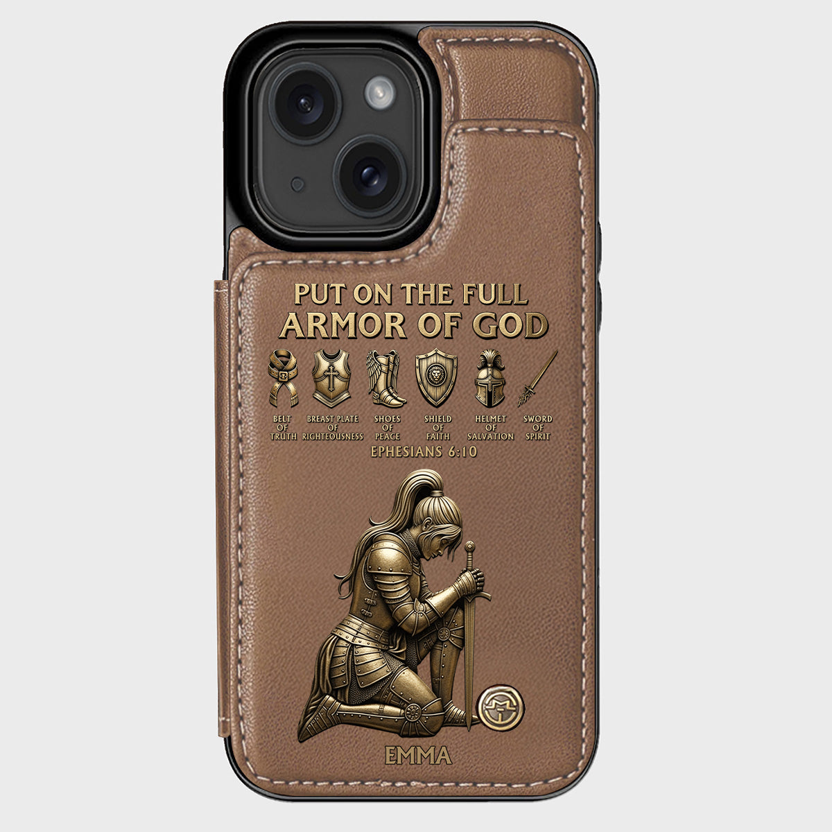 Legt die ganze Rüstung Gottes an – Personalisierte christliche Handyhülle mit Brieftaschenfunktion
