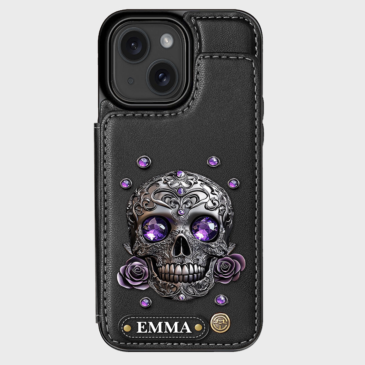 Wunderschöne Totenkopf- und Rosen-Handyhülle mit personalisiertem Totenkopf-Geldbeutel