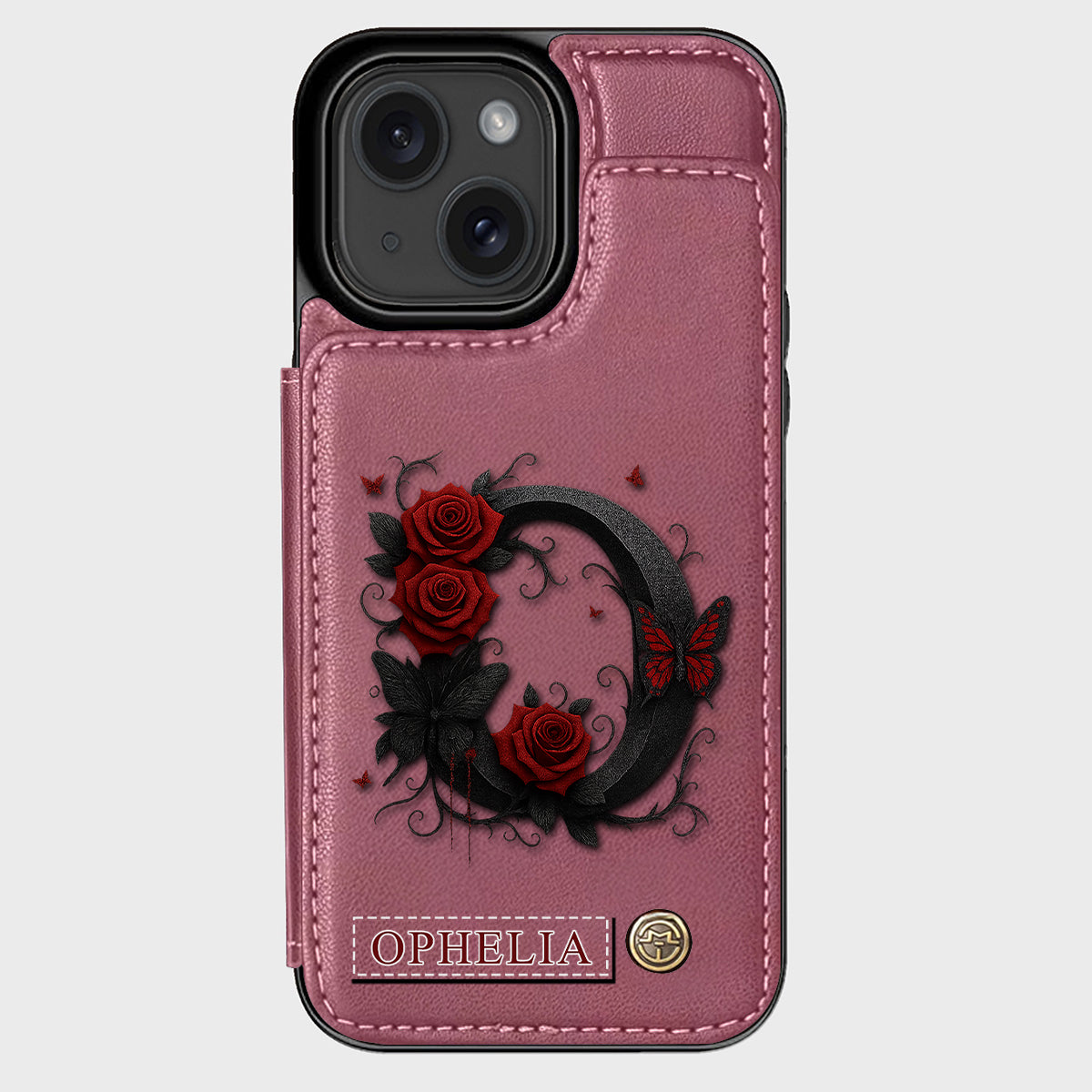 Alphabet Red Rose And Butterflies - Personalized Luxury Wallet Phone Case