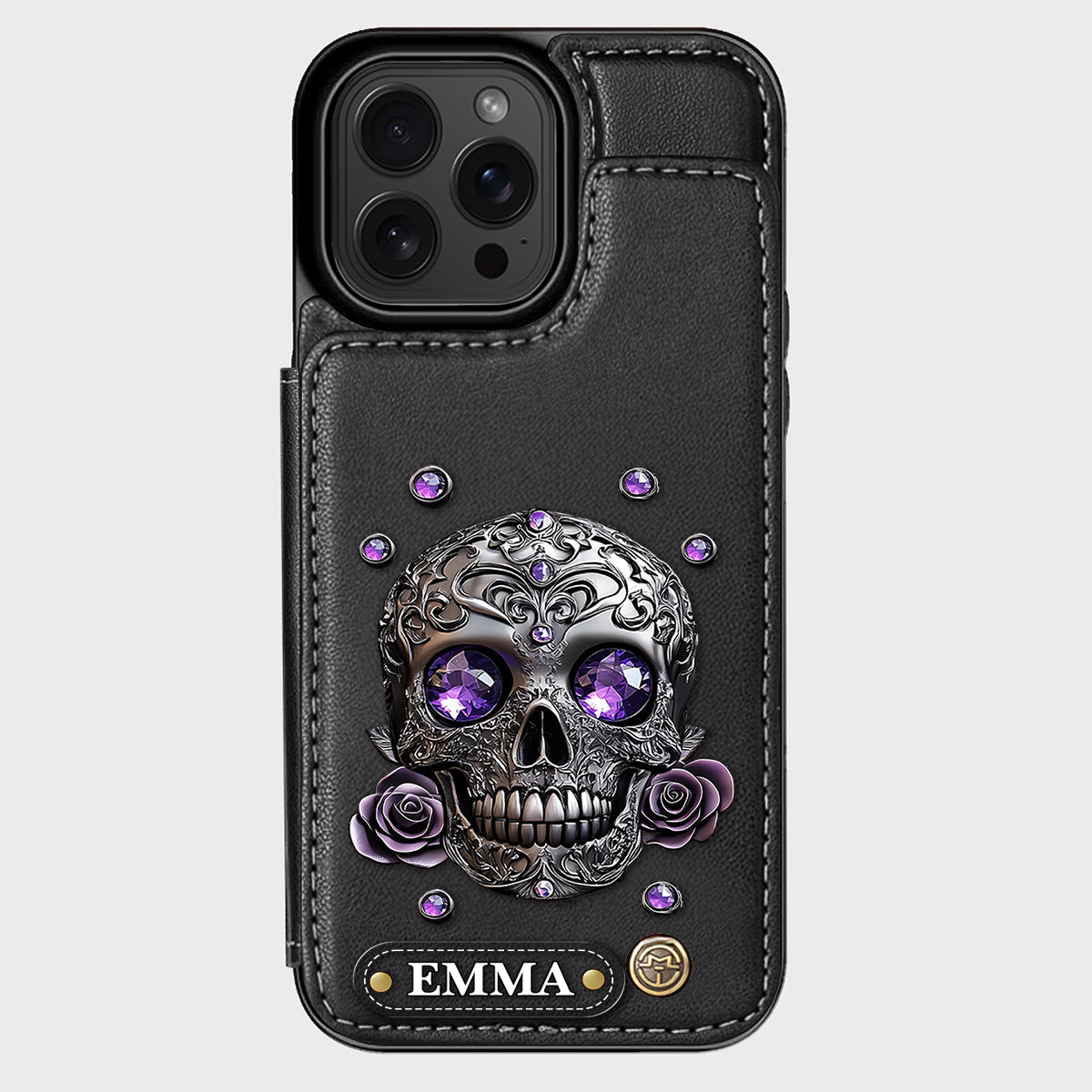 Wunderschöne Totenkopf- und Rosen-Handyhülle mit personalisiertem Totenkopf-Geldbeutel