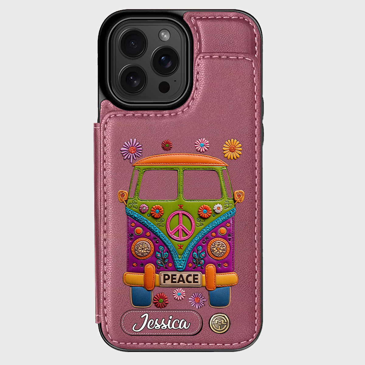 Peace Bus – Personalisierte Hippie-Handyhülle mit Lederanhänger