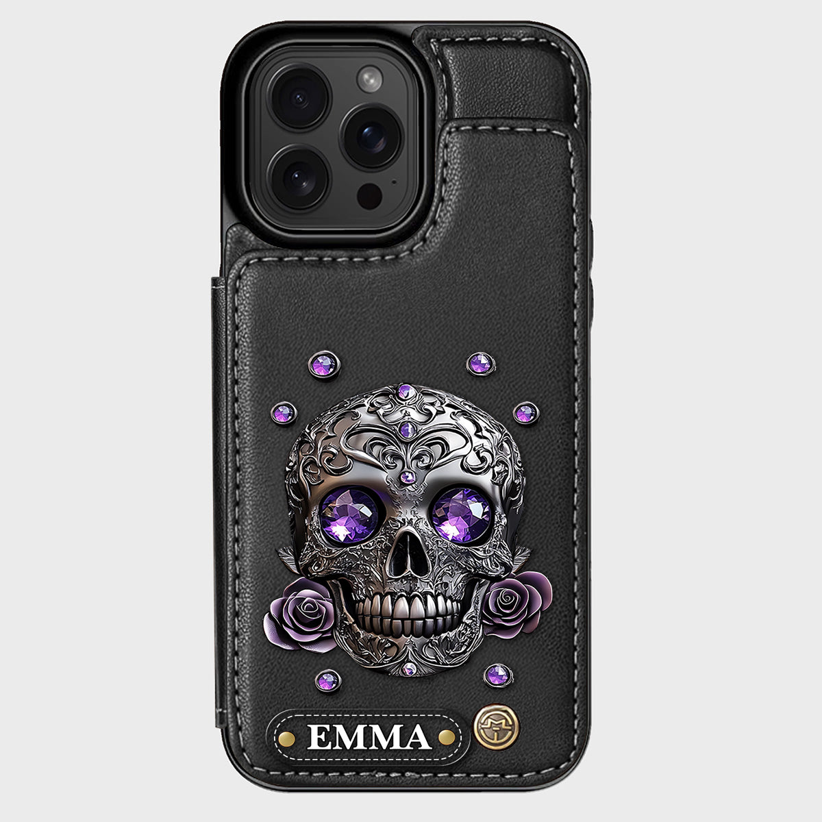 Wunderschöne Totenkopf- und Rosen-Handyhülle mit personalisiertem Totenkopf-Geldbeutel