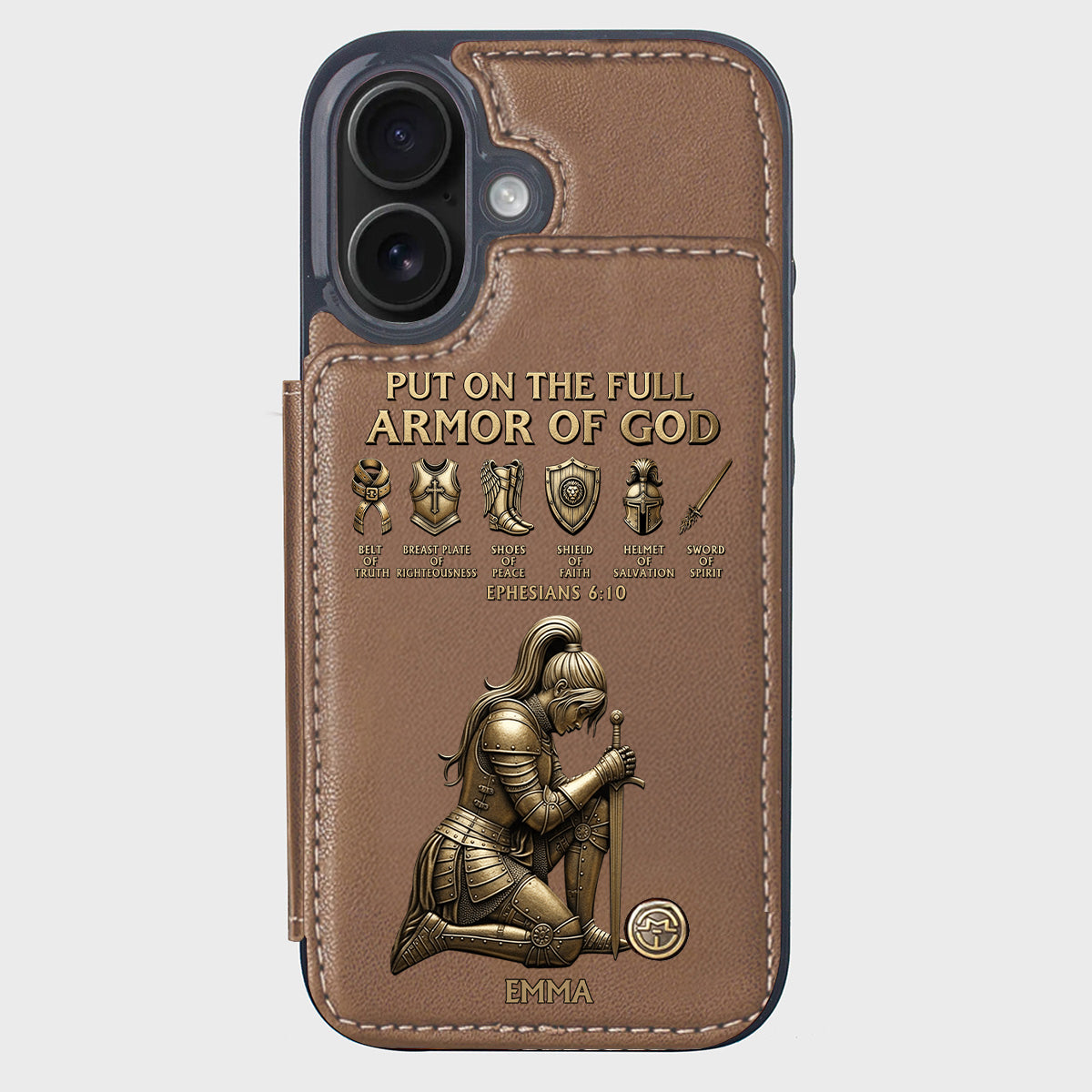 Legt die ganze Rüstung Gottes an – Personalisierte christliche Handyhülle mit Brieftaschenfunktion