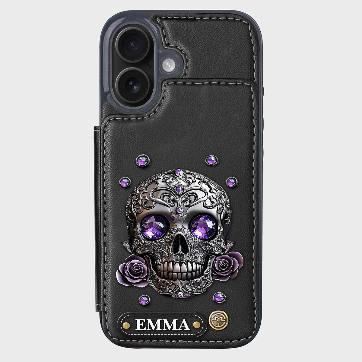 Wunderschöne Totenkopf- und Rosen-Handyhülle mit personalisiertem Totenkopf-Geldbeutel