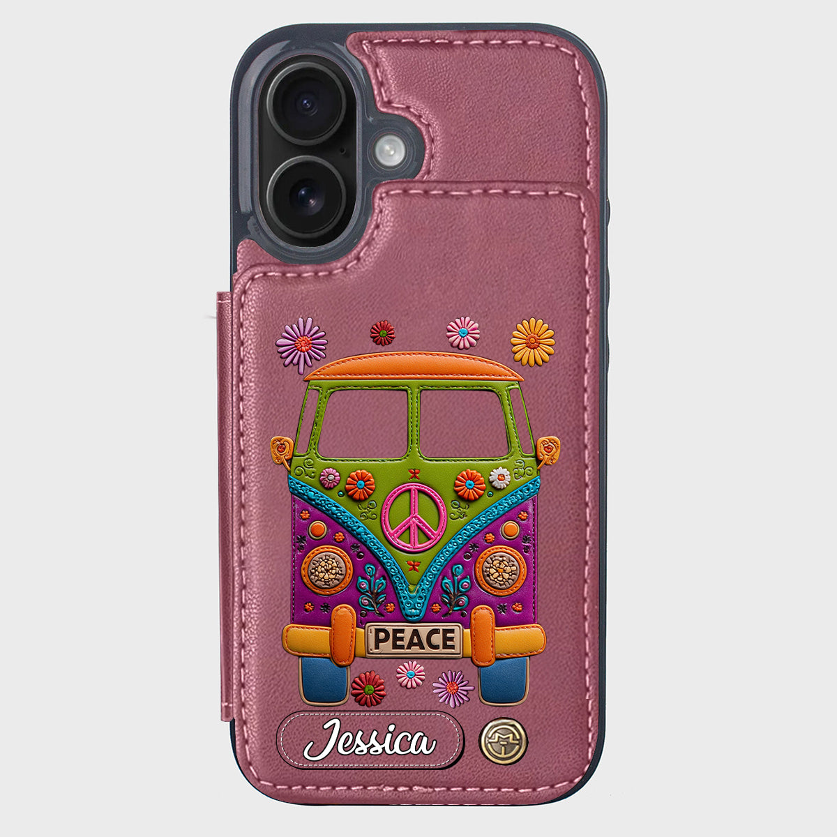 Peace Bus – Personalisierte Hippie-Handyhülle mit Lederanhänger