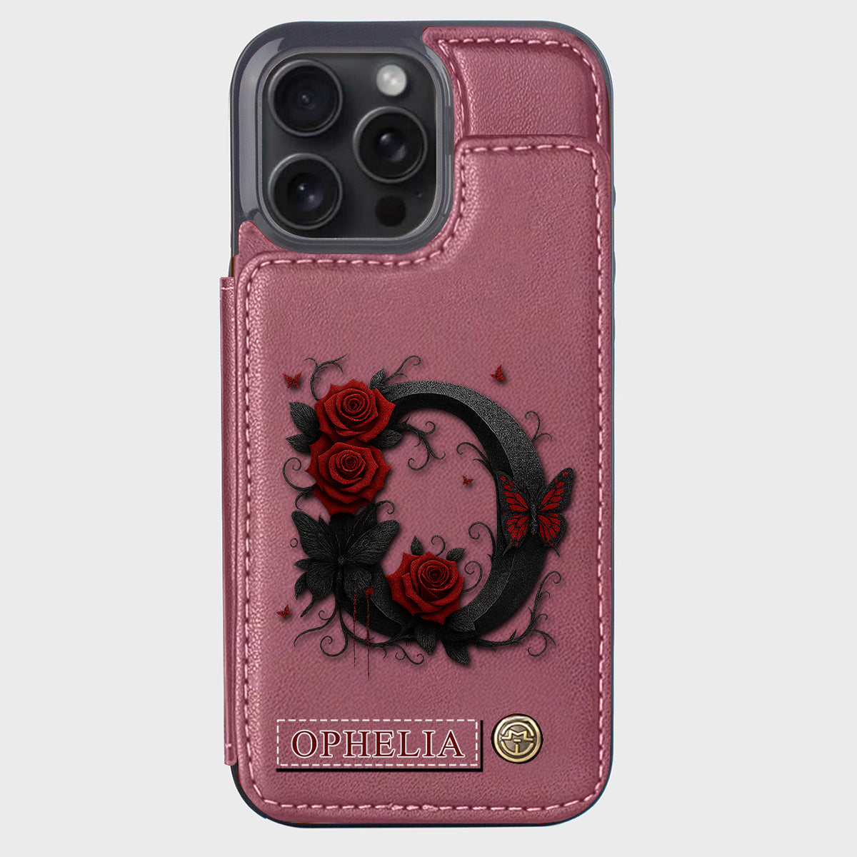 Alphabet Red Rose And Butterflies - Personalized Luxury Wallet Phone Case