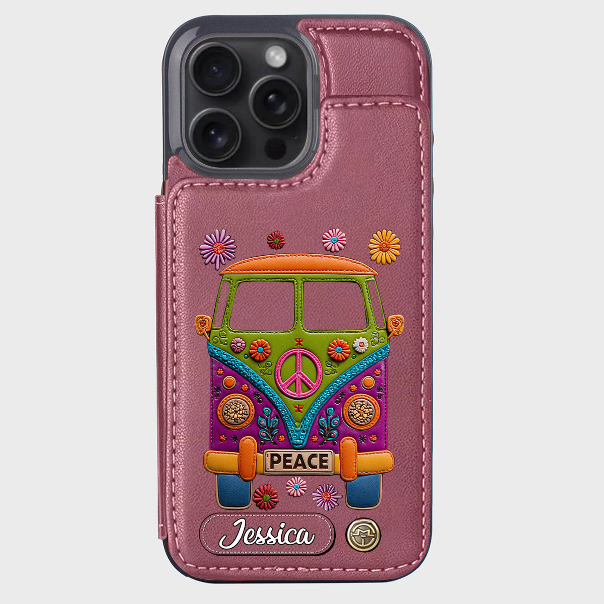 Peace Bus – Personalisierte Hippie-Handyhülle mit Lederanhänger