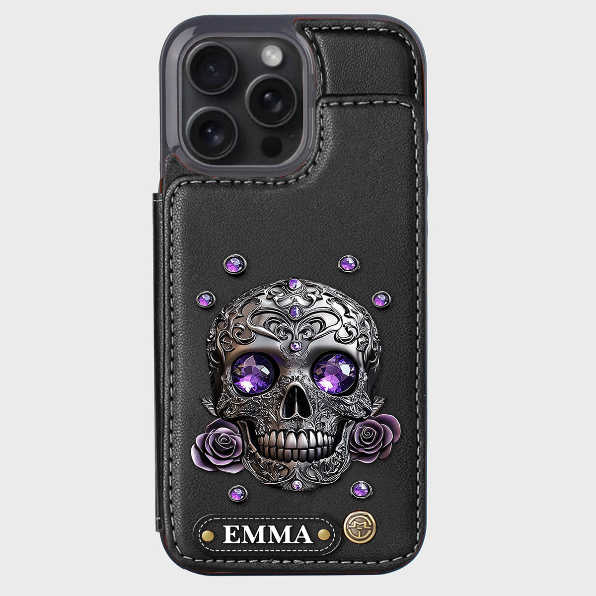 Wunderschöne Totenkopf- und Rosen-Handyhülle mit personalisiertem Totenkopf-Geldbeutel