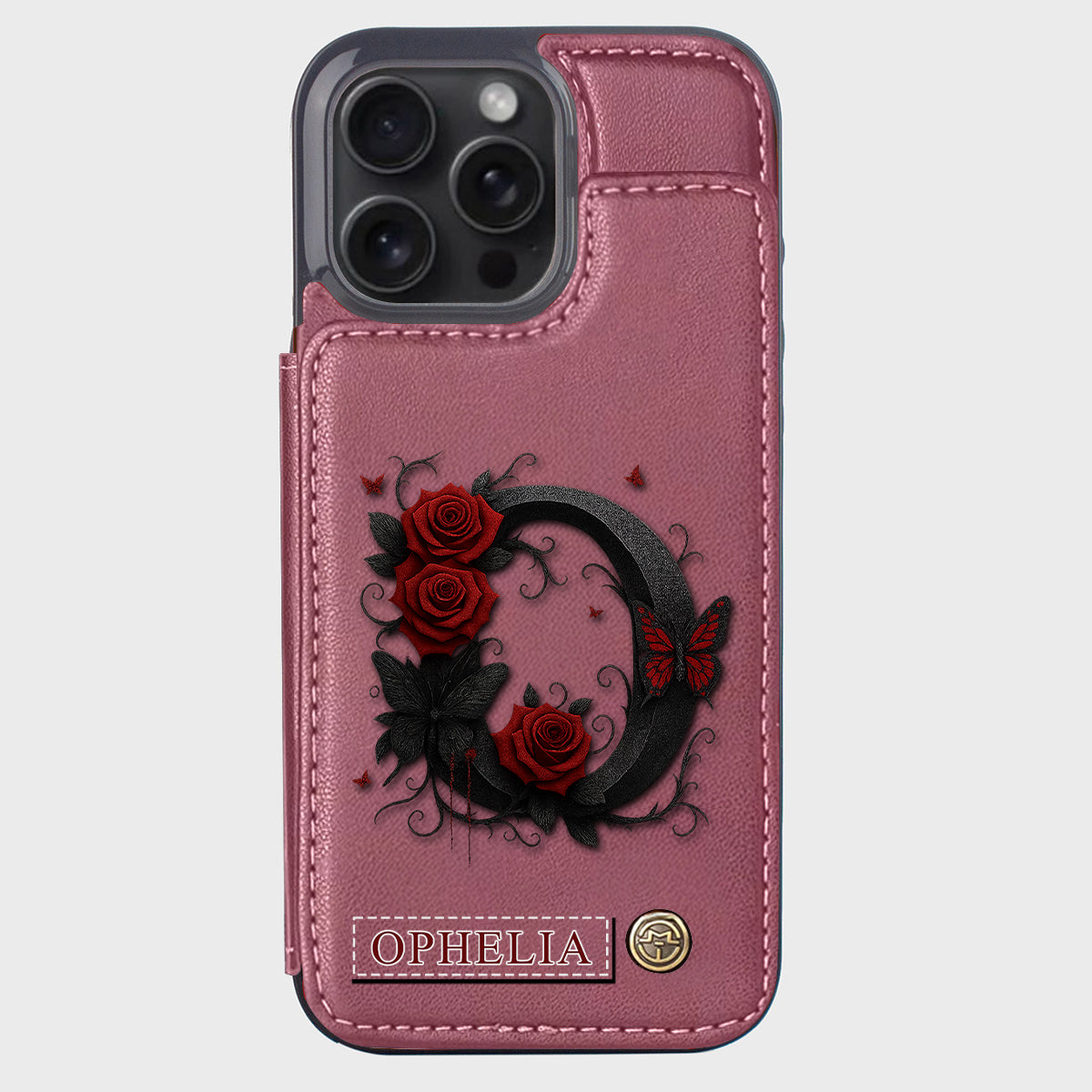 Alphabet Red Rose And Butterflies - Personalized Luxury Wallet Phone Case