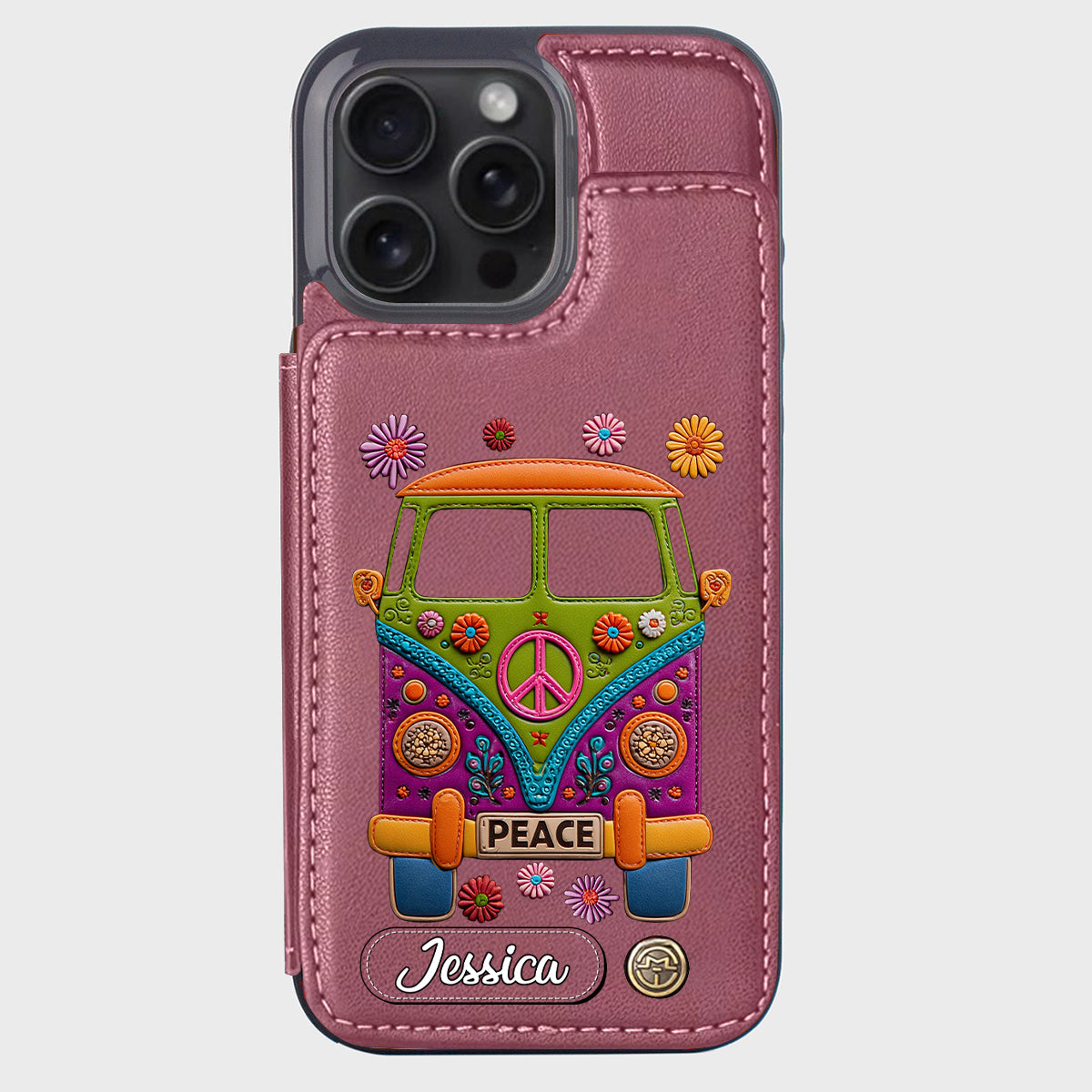 Peace Bus – Personalisierte Hippie-Handyhülle mit Lederanhänger
