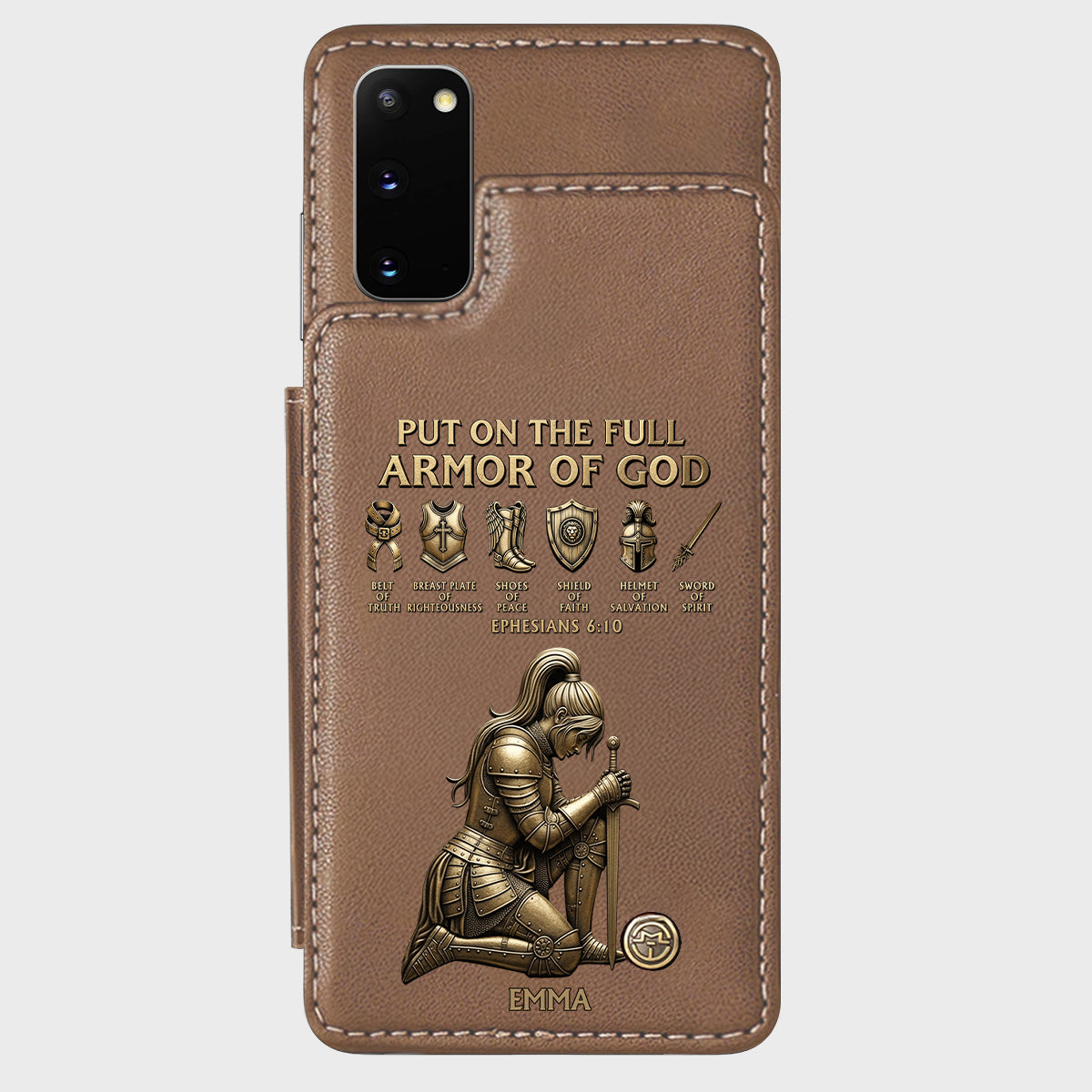 Legt die ganze Rüstung Gottes an – Personalisierte christliche Handyhülle mit Brieftaschenfunktion