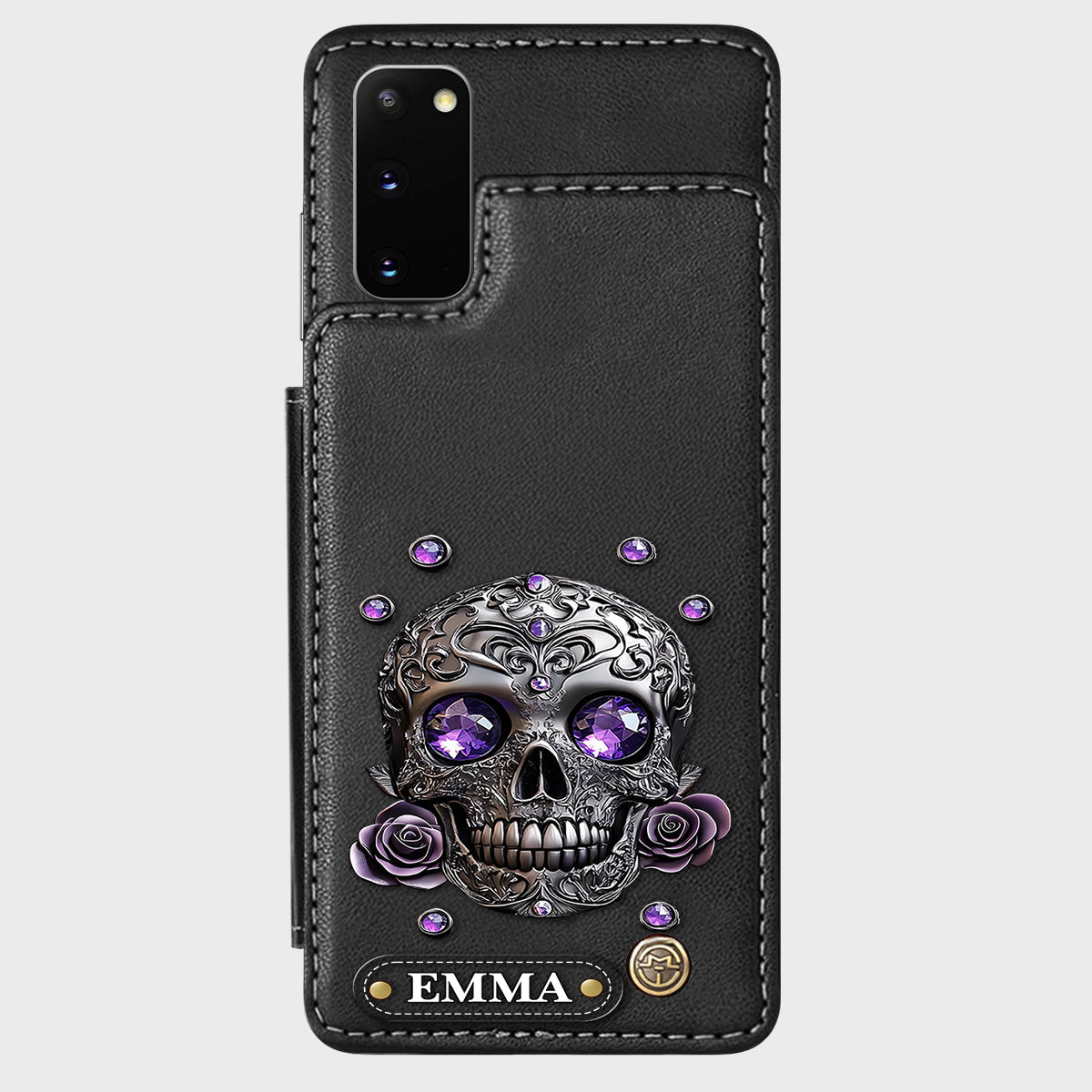 Wunderschöne Totenkopf- und Rosen-Handyhülle mit personalisiertem Totenkopf-Geldbeutel