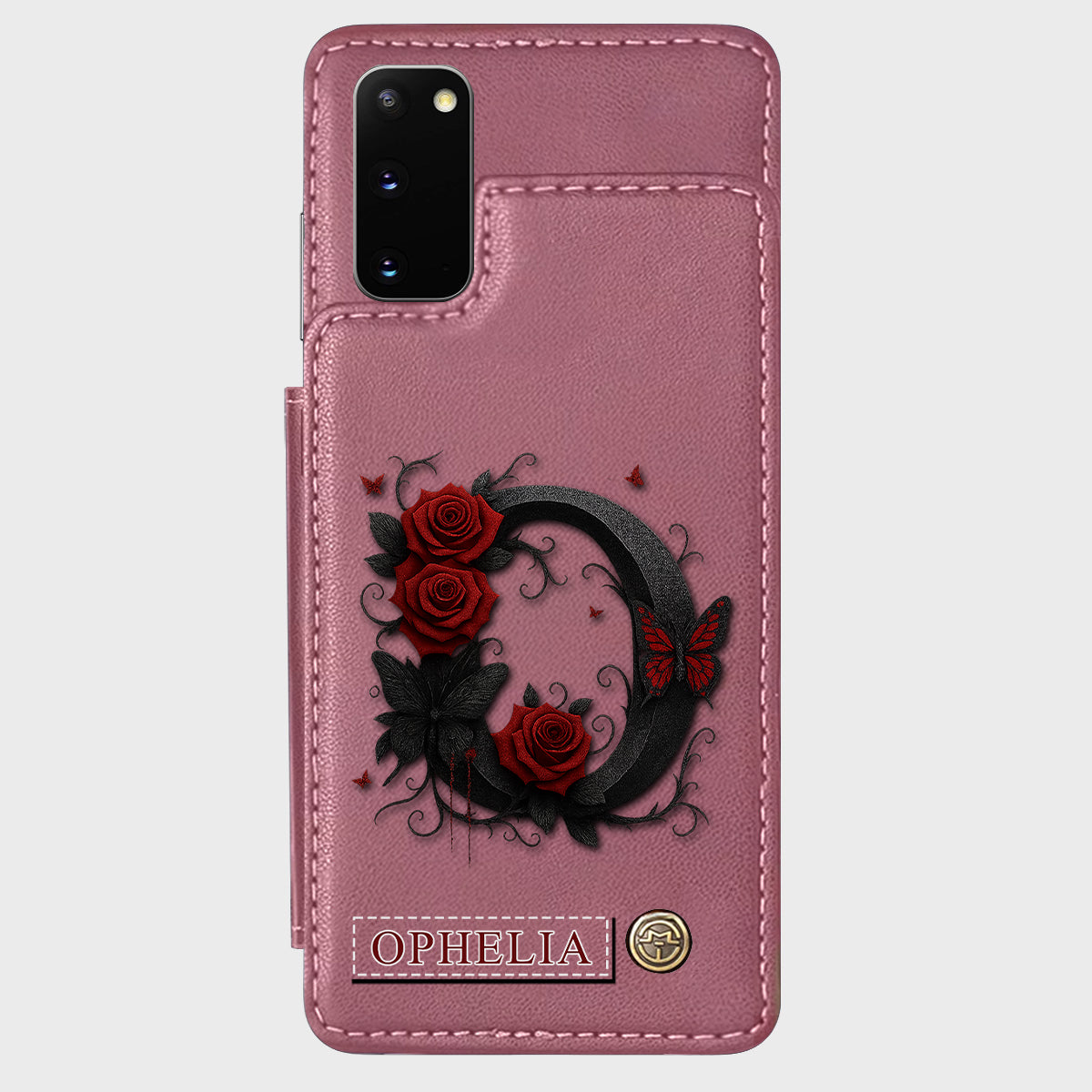 Alphabet Red Rose And Butterflies - Personalized Luxury Wallet Phone Case