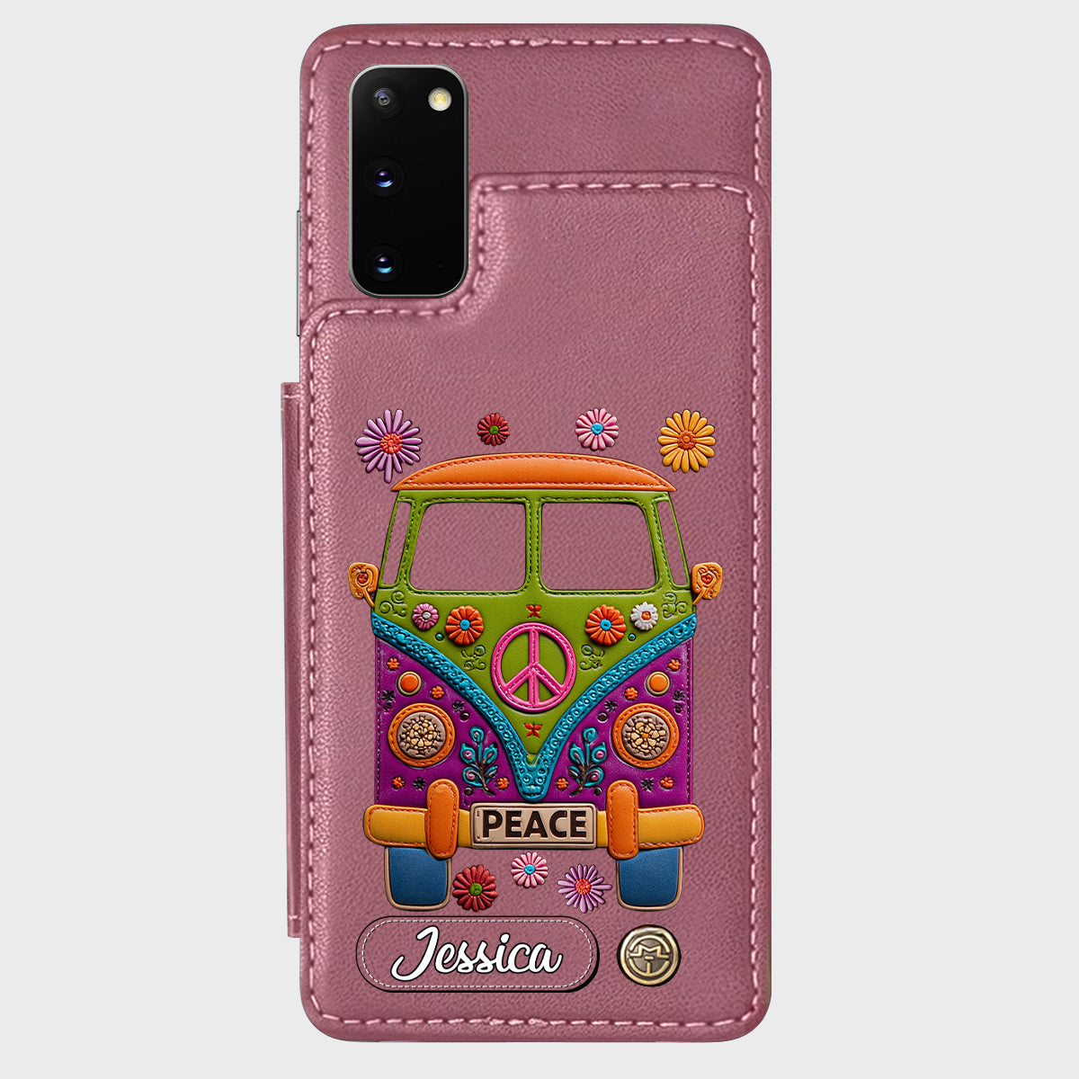 Peace Bus – Personalisierte Hippie-Handyhülle mit Lederanhänger