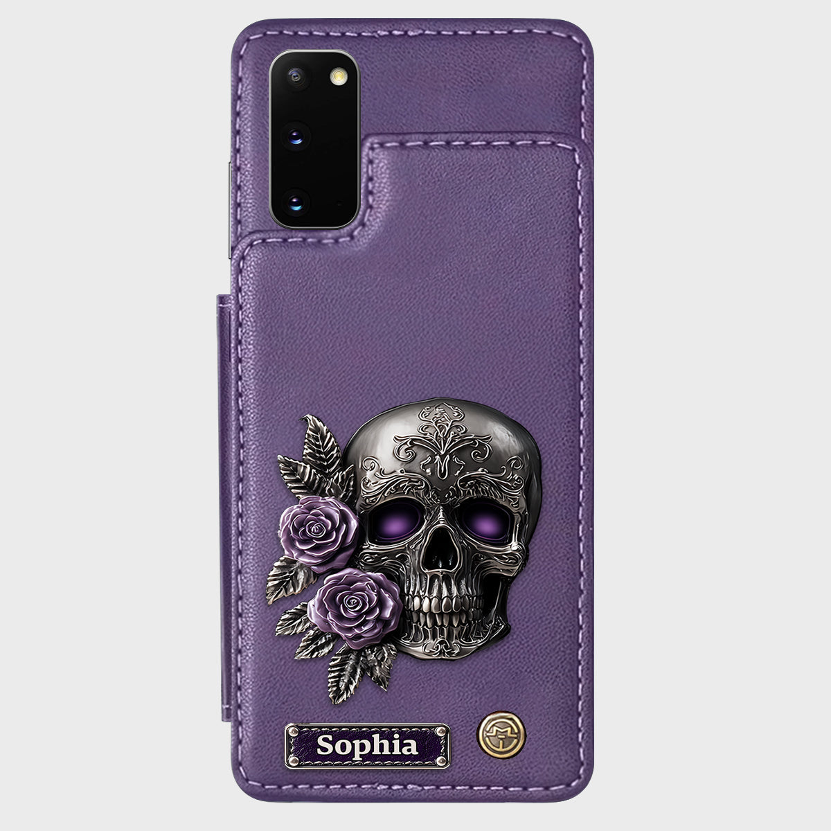 Totenkopf und Rosen – Personalisierte Totenkopf-Handyhülle mit Brieftaschenfunktion