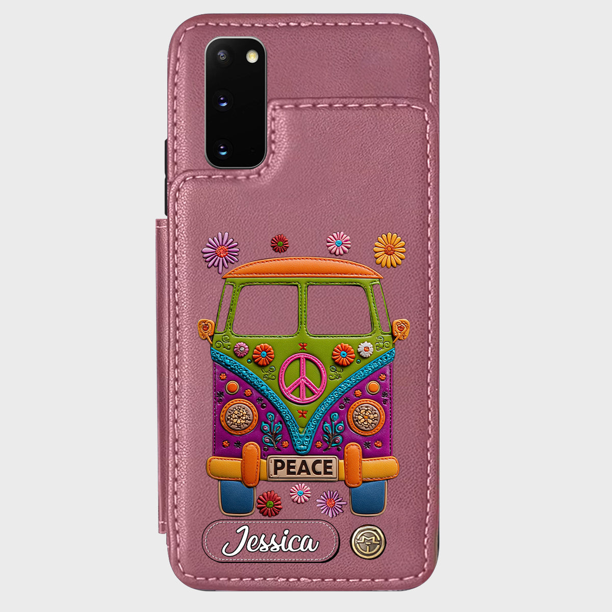 Peace Bus – Personalisierte Hippie-Handyhülle mit Lederanhänger