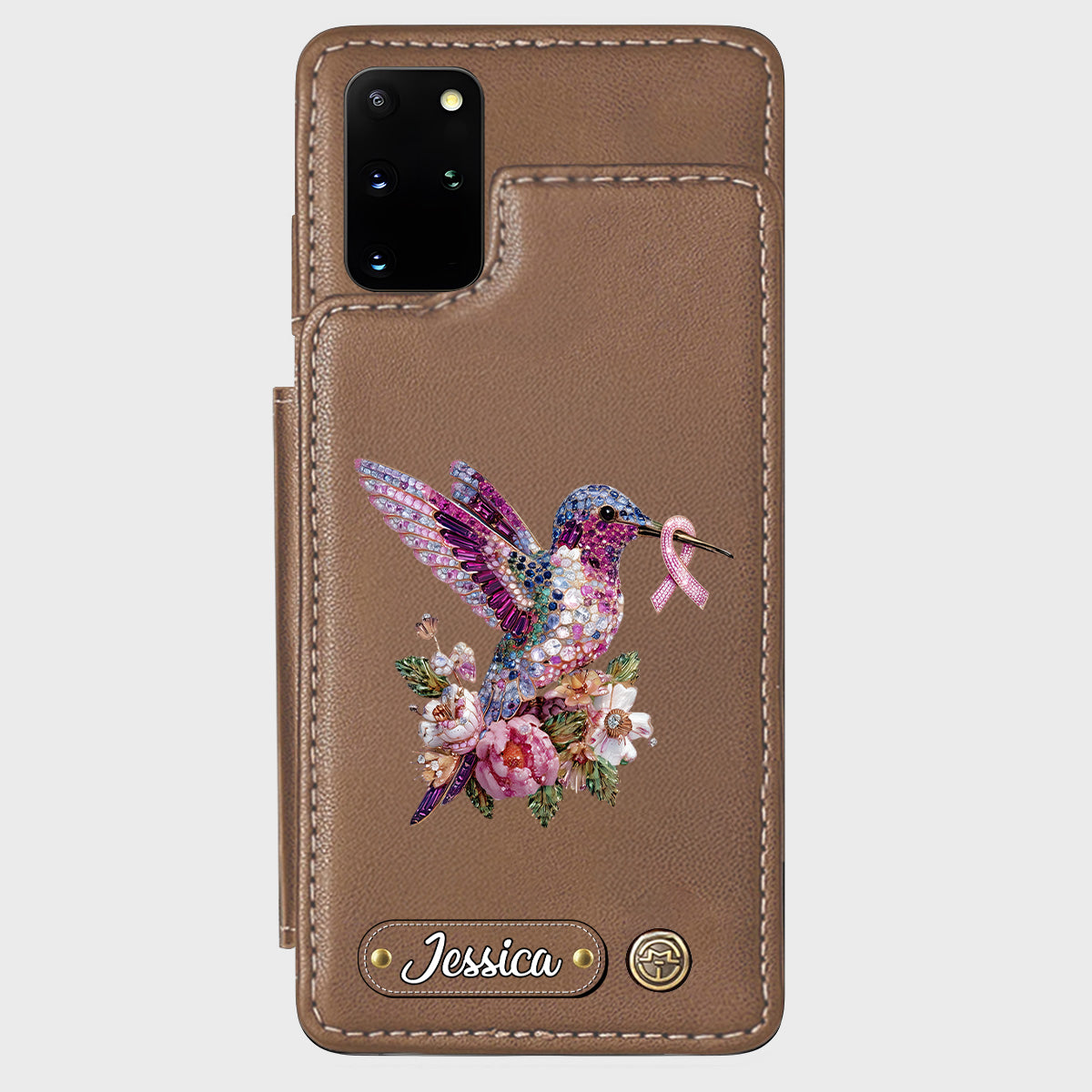 Kolibri zur Sensibilisierung für Brustkrebs – Personalisierte Handyhülle mit Brieftaschenmotiv zur Sensibilisierung für Brustkrebs