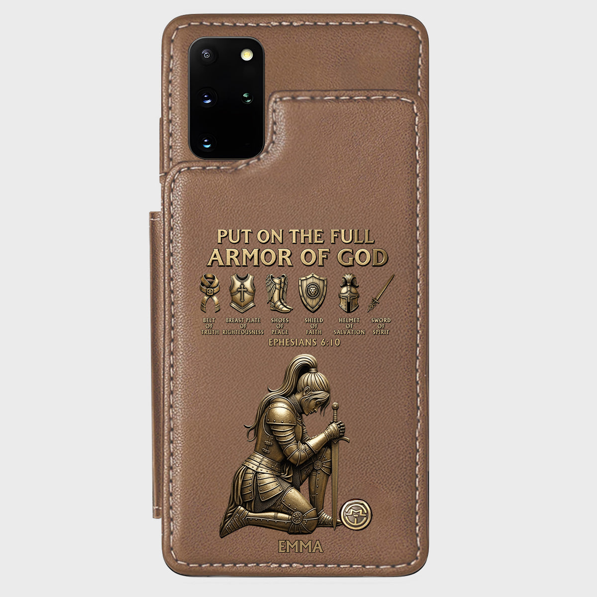 Legt die ganze Rüstung Gottes an – Personalisierte christliche Handyhülle mit Brieftaschenfunktion