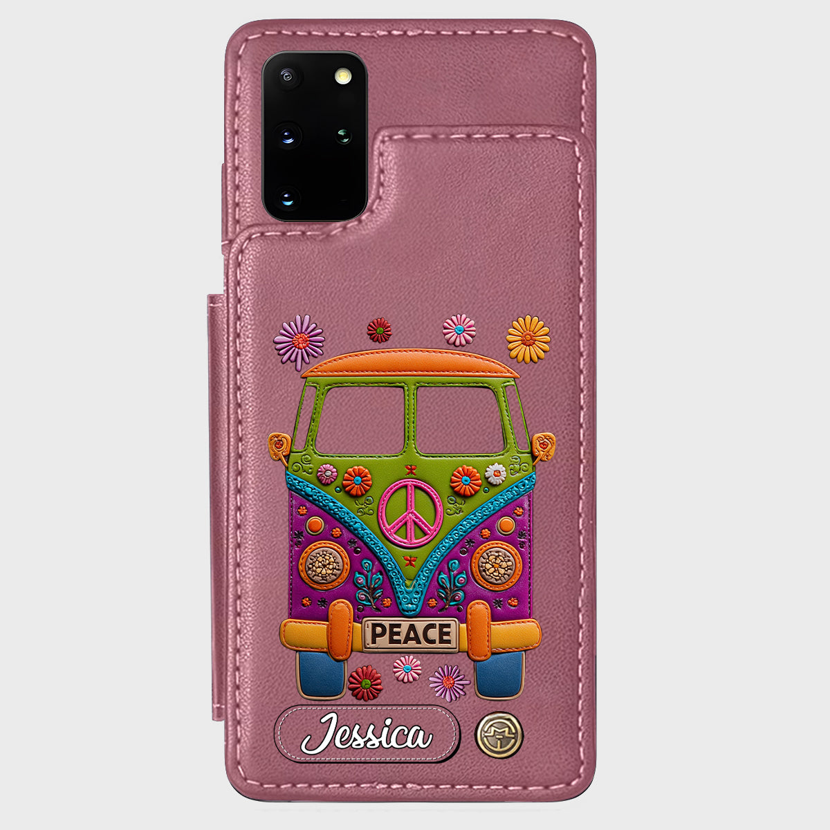 Peace Bus – Personalisierte Hippie-Handyhülle mit Lederanhänger