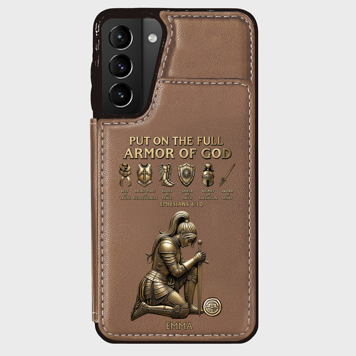 Legt die ganze Rüstung Gottes an – Personalisierte christliche Handyhülle mit Brieftaschenfunktion