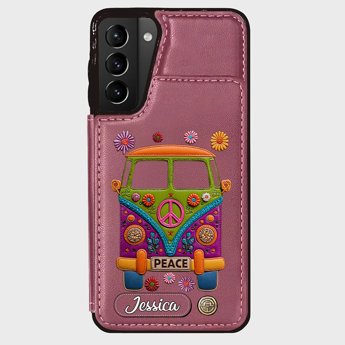 Peace Bus – Personalisierte Hippie-Handyhülle mit Lederanhänger