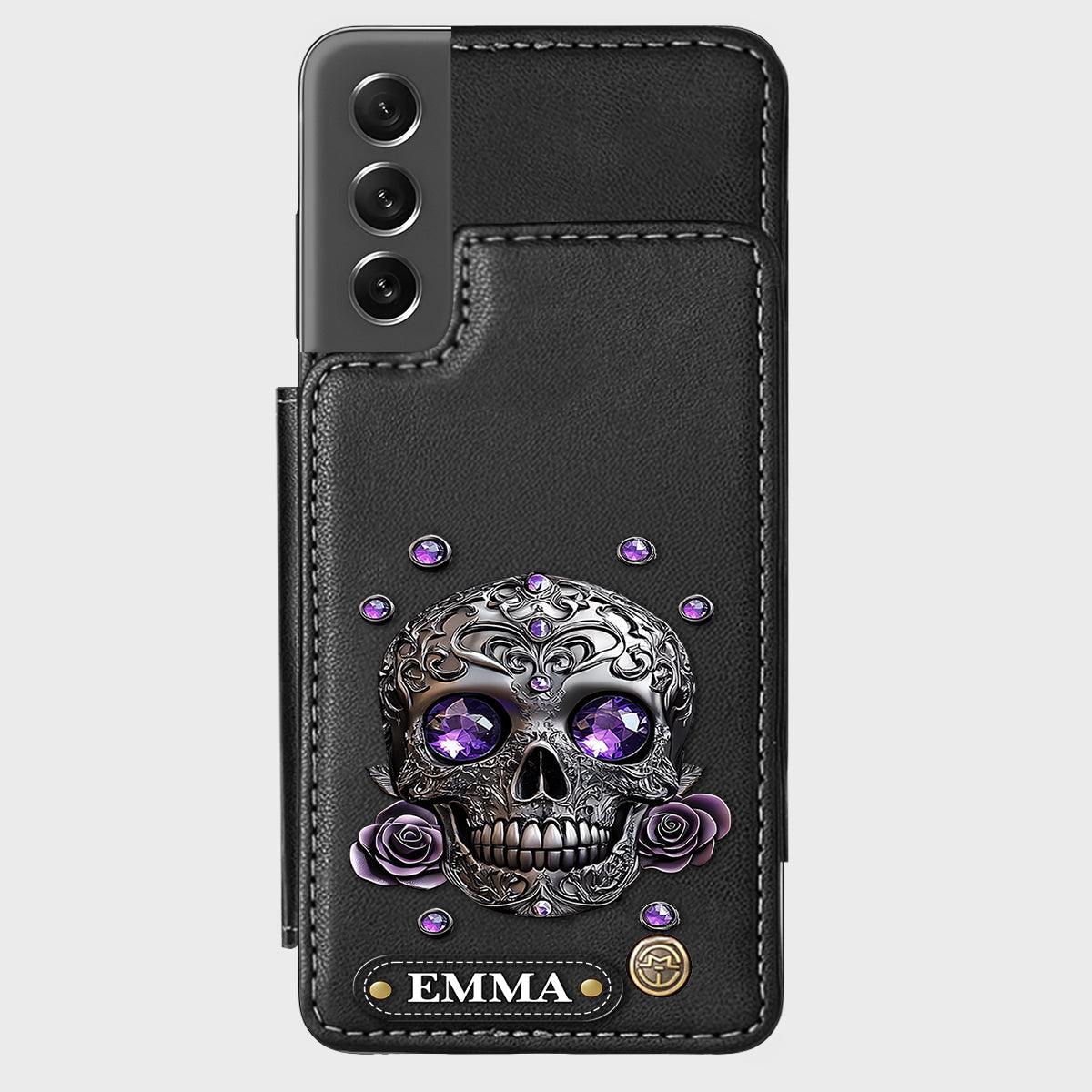 Wunderschöne Totenkopf- und Rosen-Handyhülle mit personalisiertem Totenkopf-Geldbeutel