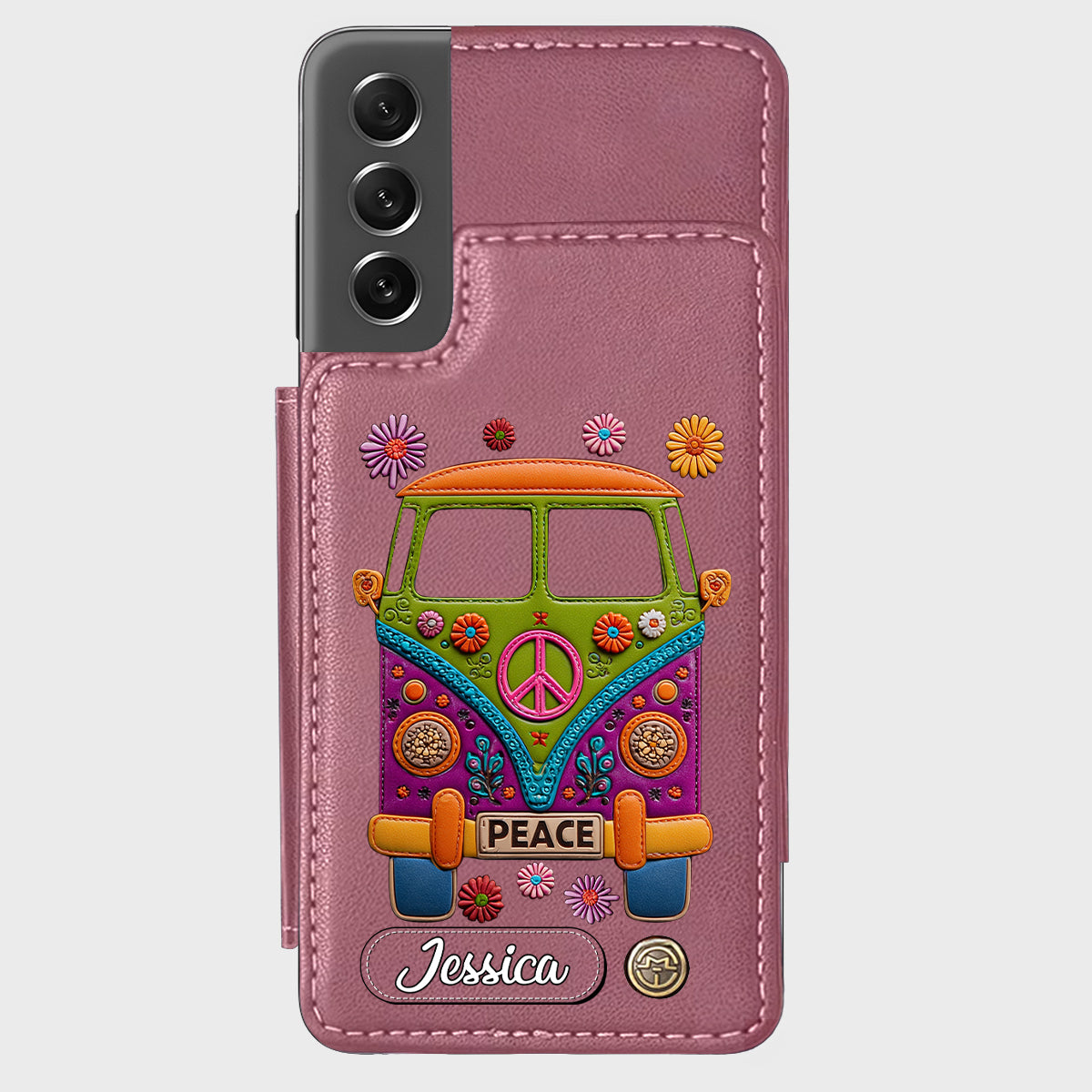 Peace Bus – Personalisierte Hippie-Handyhülle mit Lederanhänger