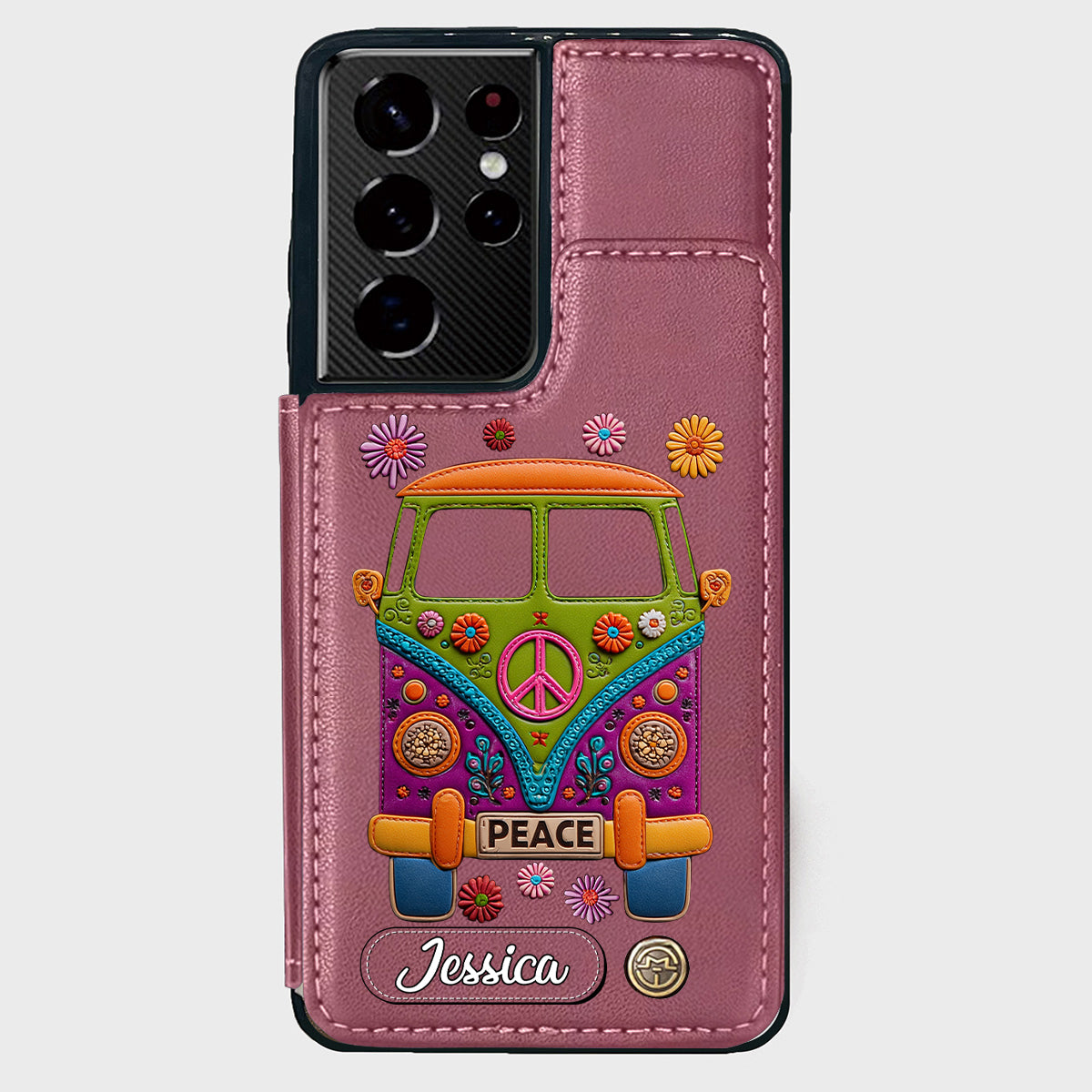 Peace Bus – Personalisierte Hippie-Handyhülle mit Lederanhänger