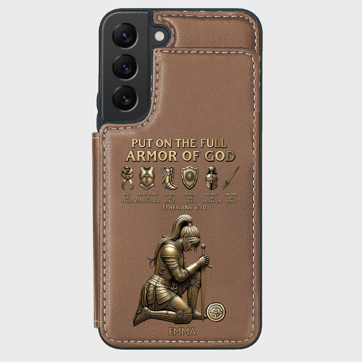 Legt die ganze Rüstung Gottes an – Personalisierte christliche Handyhülle mit Brieftaschenfunktion