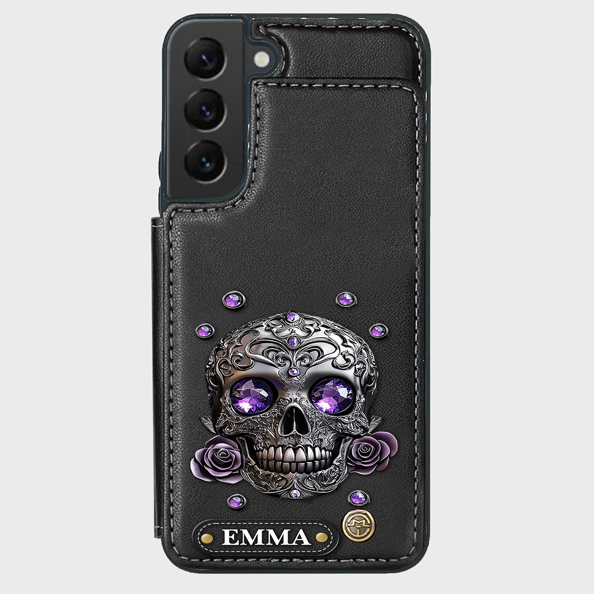 Wunderschöne Totenkopf- und Rosen-Handyhülle mit personalisiertem Totenkopf-Geldbeutel