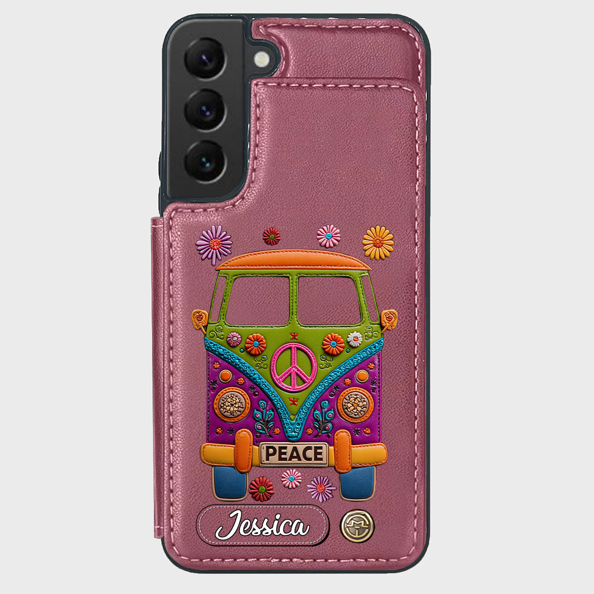 Peace Bus – Personalisierte Hippie-Handyhülle mit Lederanhänger