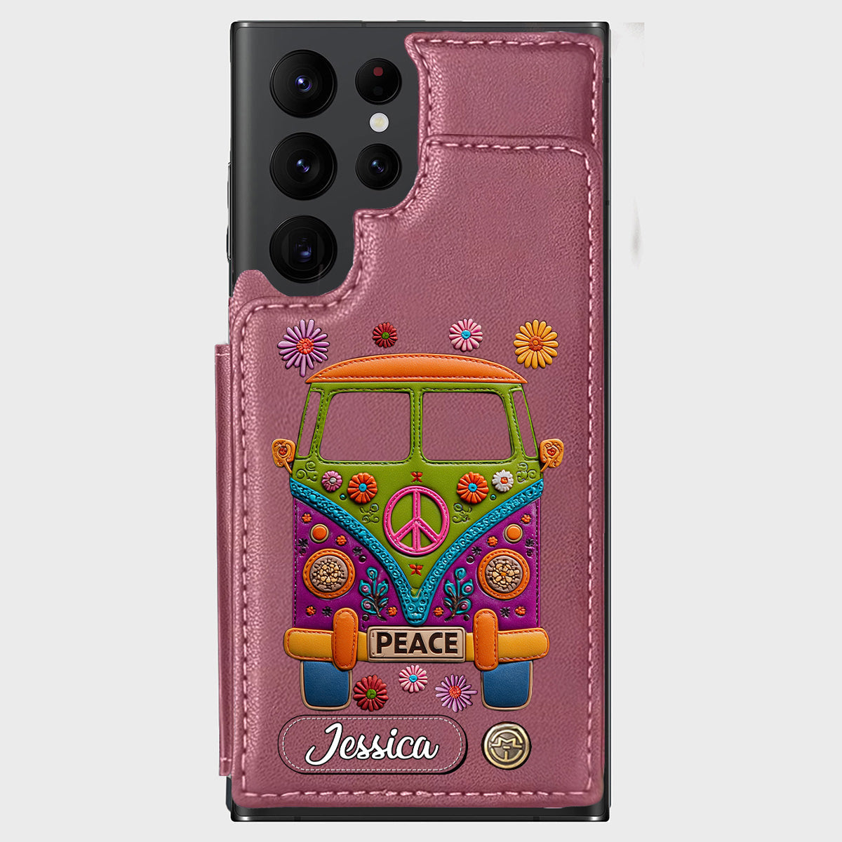Peace Bus – Personalisierte Hippie-Handyhülle mit Lederanhänger
