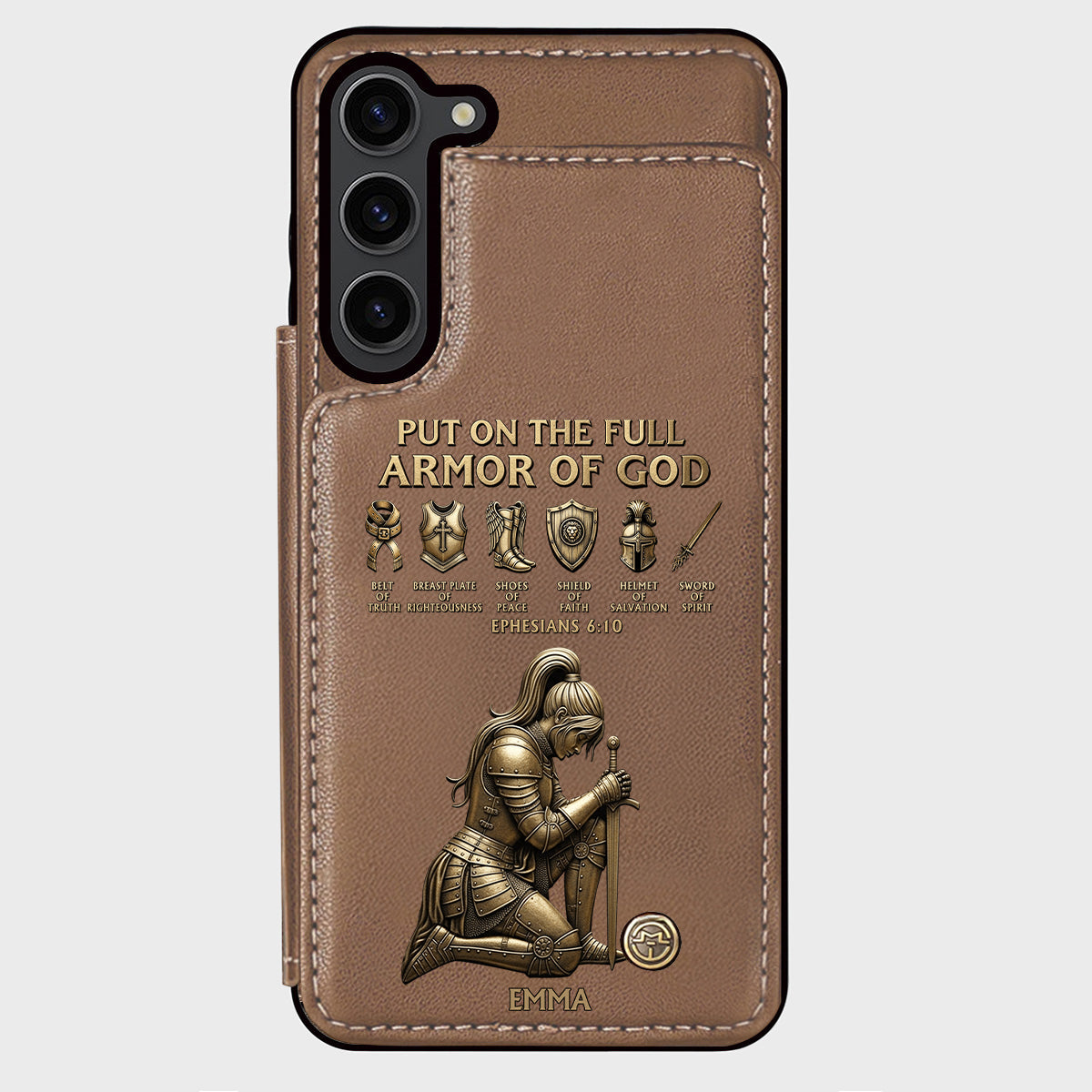 Legt die ganze Rüstung Gottes an – Personalisierte christliche Handyhülle mit Brieftaschenfunktion