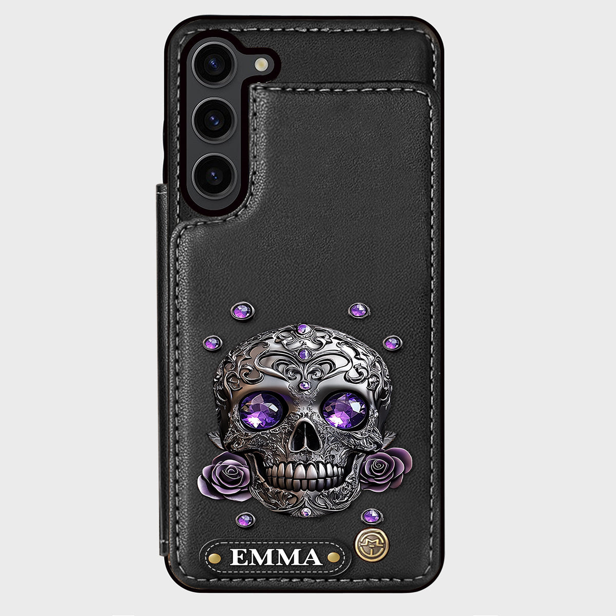 Wunderschöne Totenkopf- und Rosen-Handyhülle mit personalisiertem Totenkopf-Geldbeutel