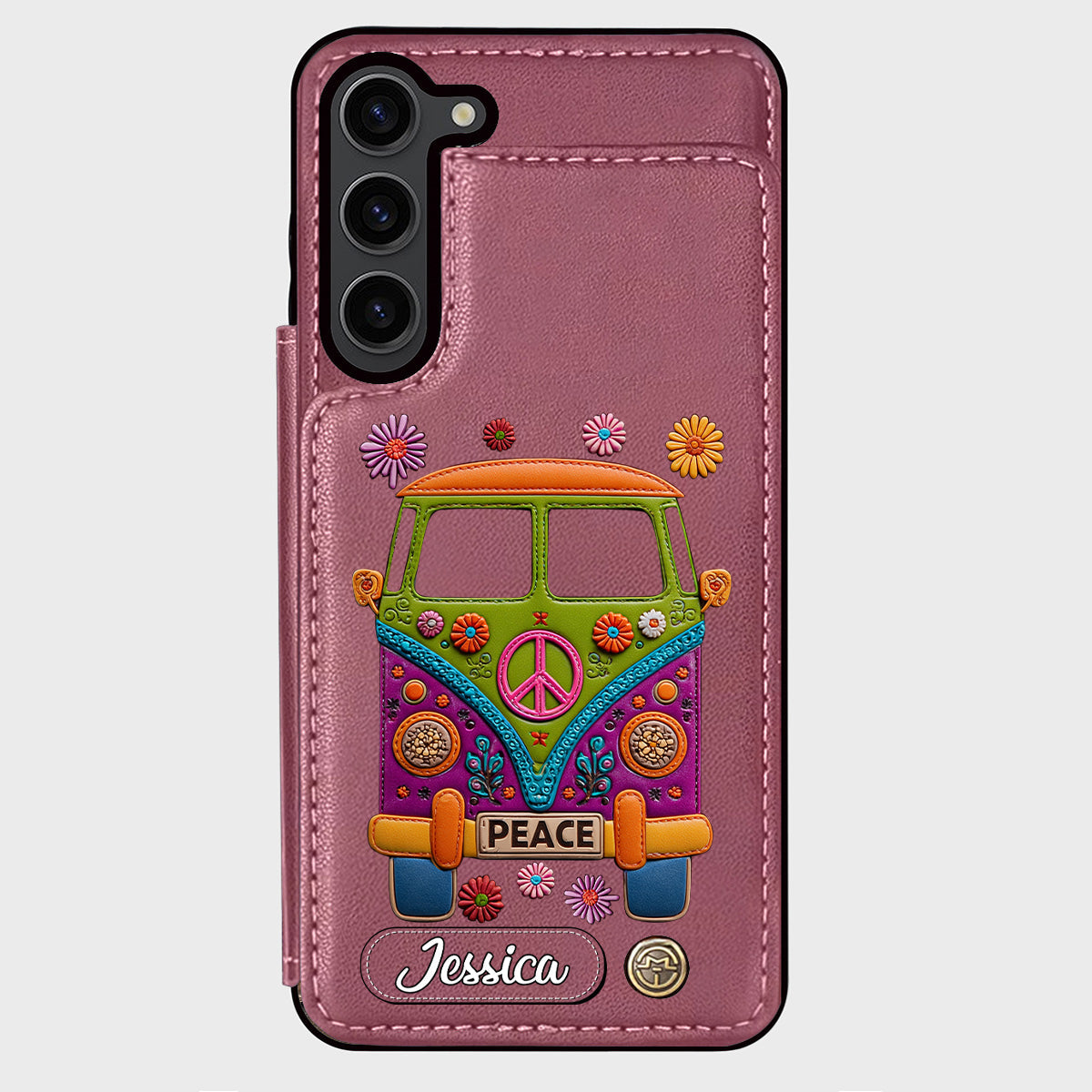 Peace Bus – Personalisierte Hippie-Handyhülle mit Lederanhänger