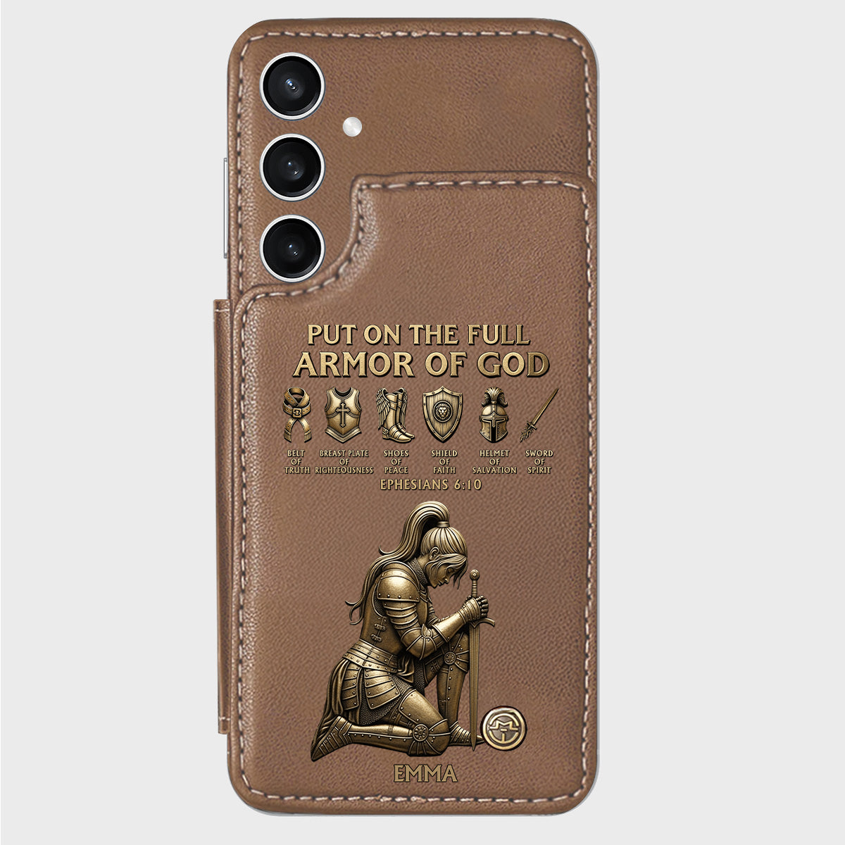 Legt die ganze Rüstung Gottes an – Personalisierte christliche Handyhülle mit Brieftaschenfunktion