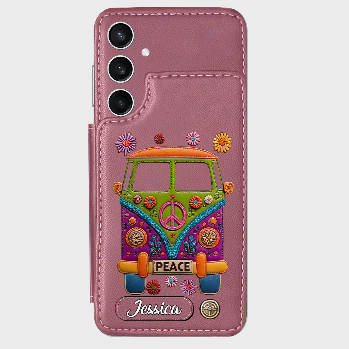 Peace Bus – Personalisierte Hippie-Handyhülle mit Lederanhänger