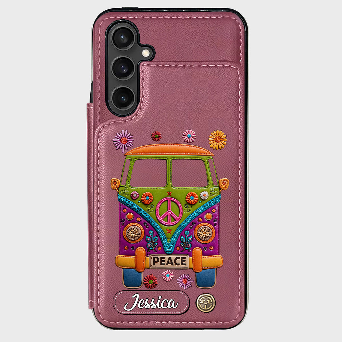 Peace Bus – Personalisierte Hippie-Handyhülle mit Lederanhänger