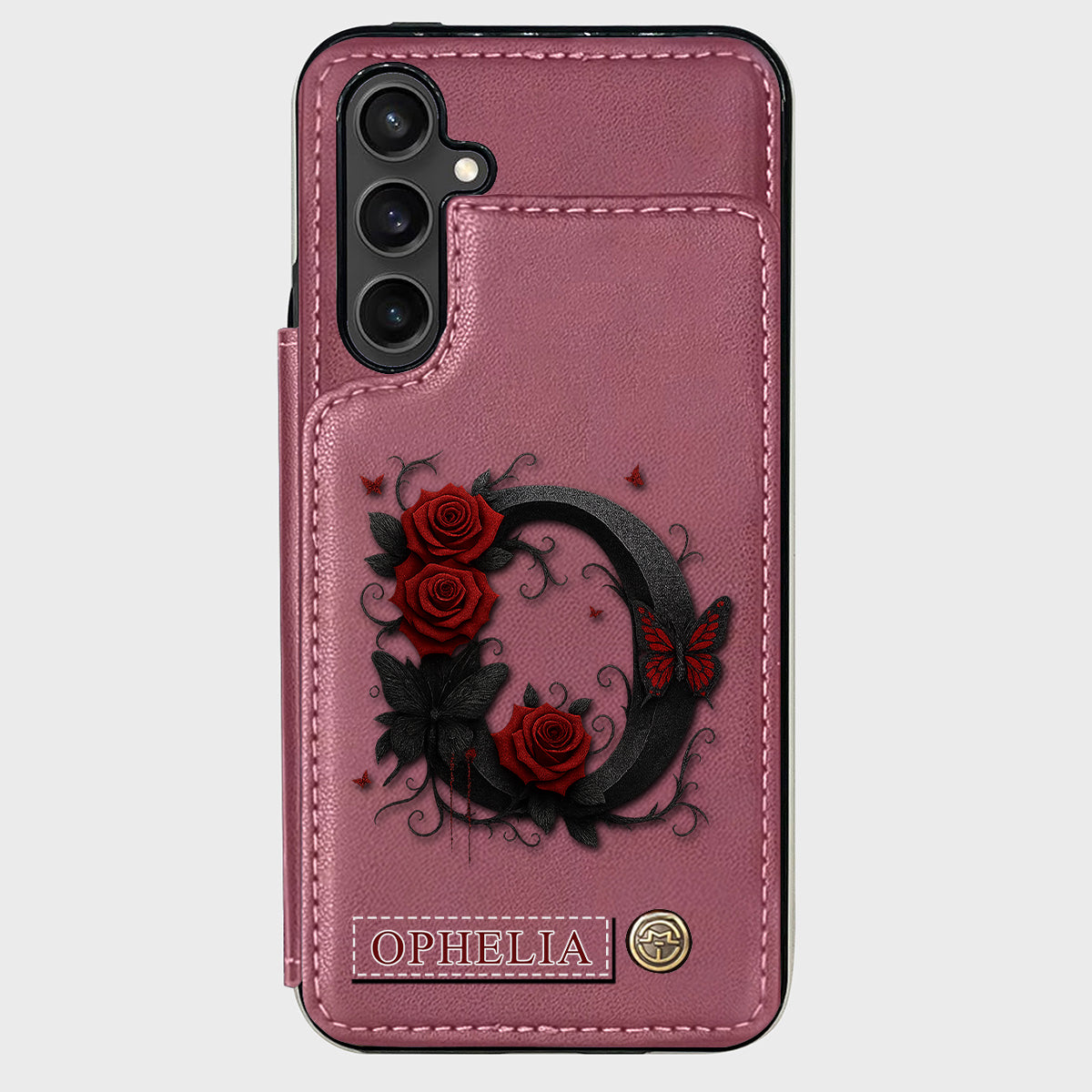 Alphabet Red Rose And Butterflies - Personalized Luxury Wallet Phone Case