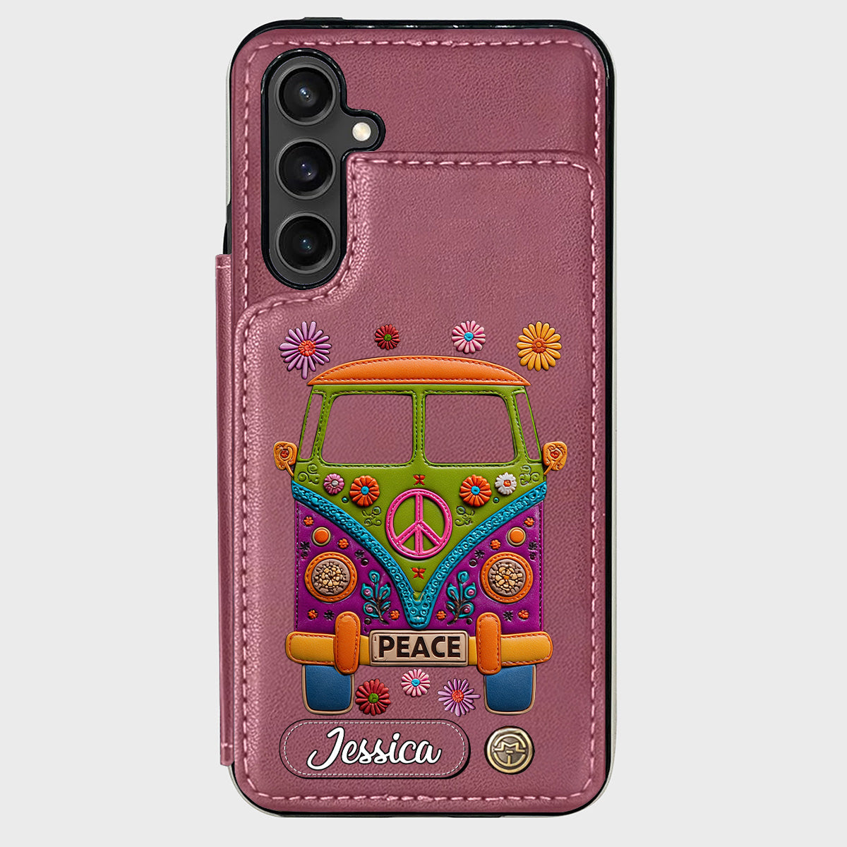 Peace Bus – Personalisierte Hippie-Handyhülle mit Lederanhänger