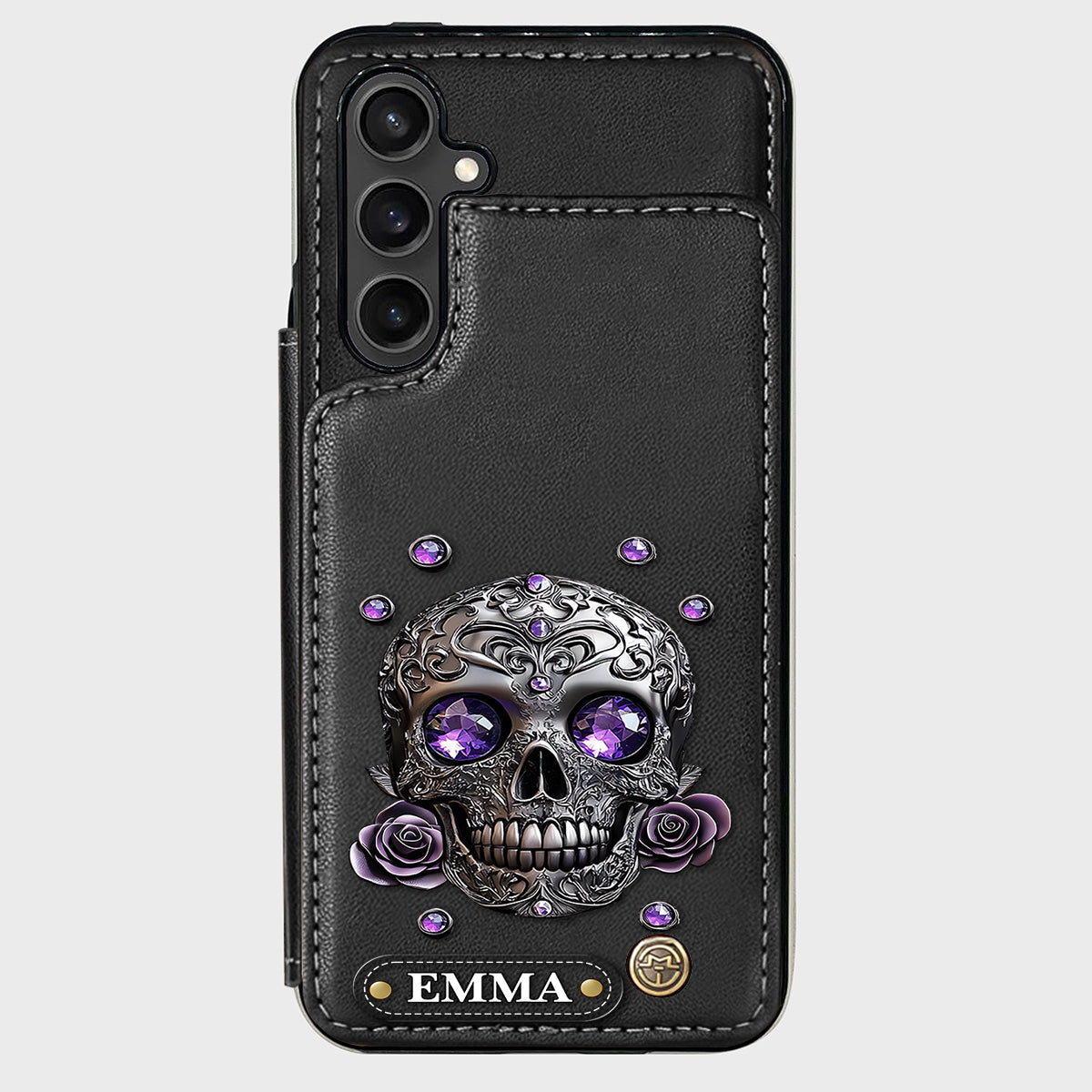 Wunderschöne Totenkopf- und Rosen-Handyhülle mit personalisiertem Totenkopf-Geldbeutel