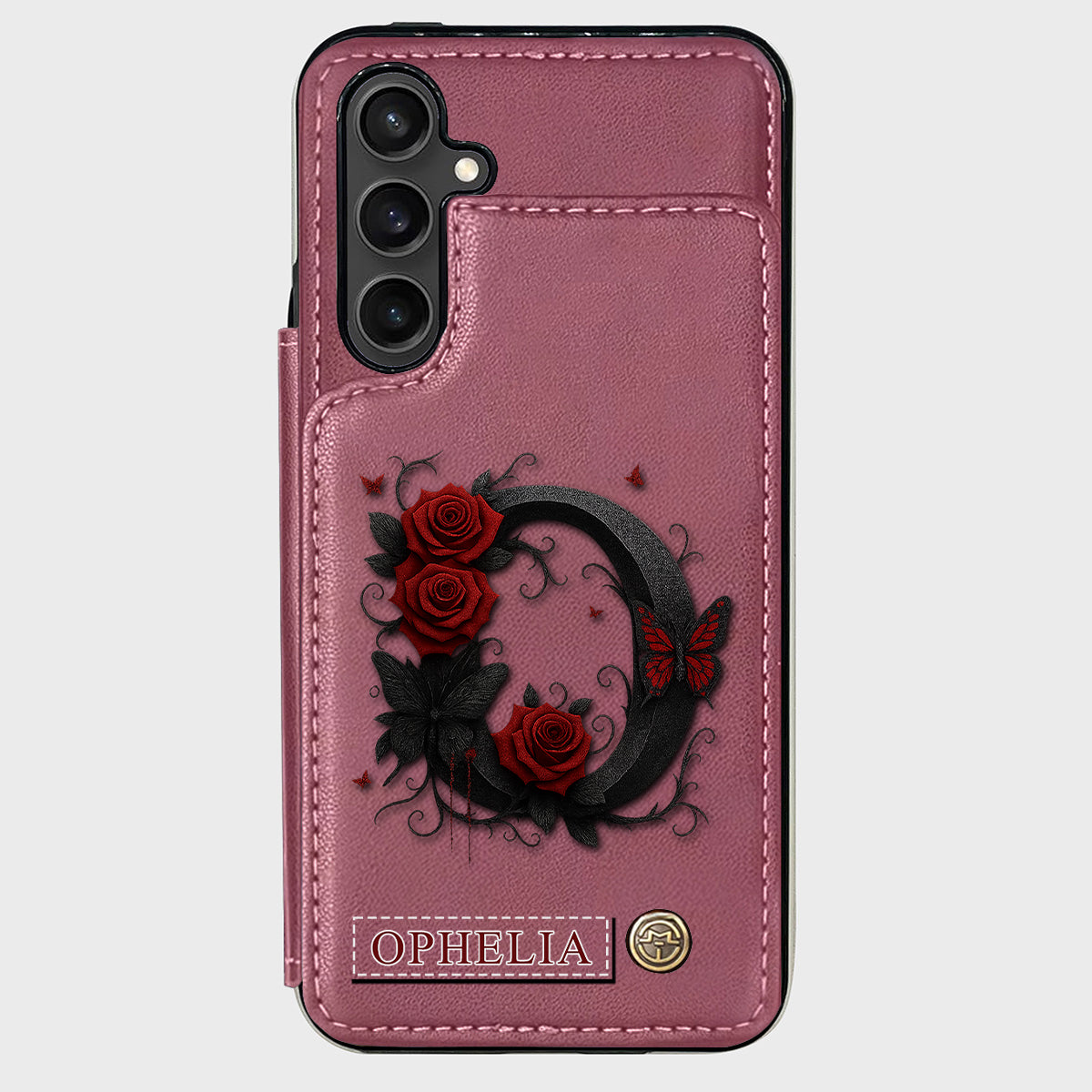 Alphabet Red Rose And Butterflies - Personalized Luxury Wallet Phone Case