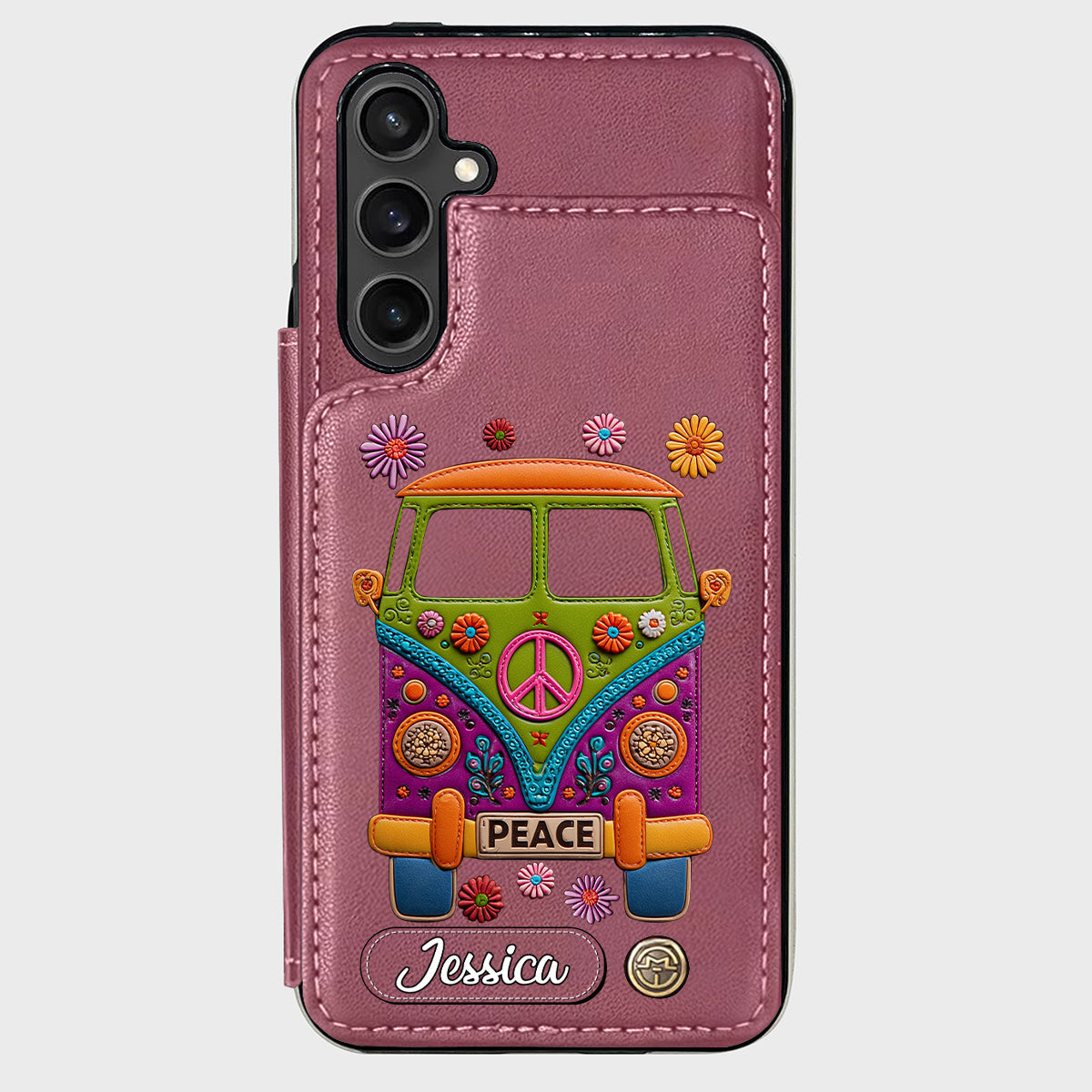 Peace Bus – Personalisierte Hippie-Handyhülle mit Lederanhänger