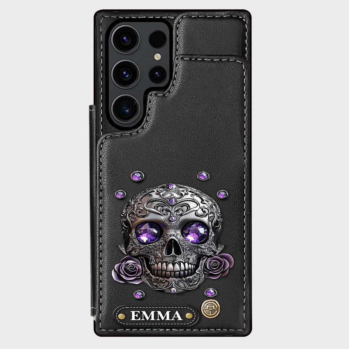 Wunderschöne Totenkopf- und Rosen-Handyhülle mit personalisiertem Totenkopf-Geldbeutel